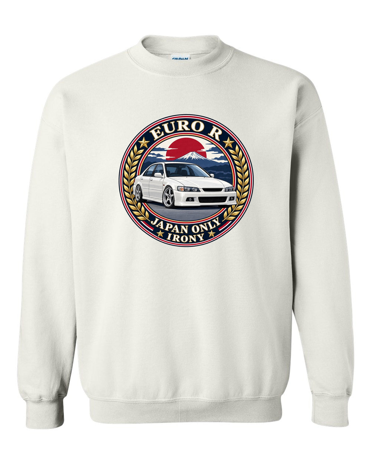 Crest layout print for the Honda Accord Euro R CL1 with Japan Only text white crewneck front view with the design