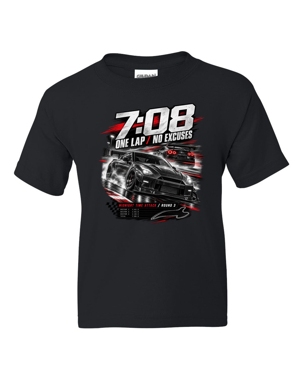 Race poster of a Nismo-style Nissan GT-R R35 with 7:08 one lap and Midnight Time Attack lettering black kids tee front view with the design