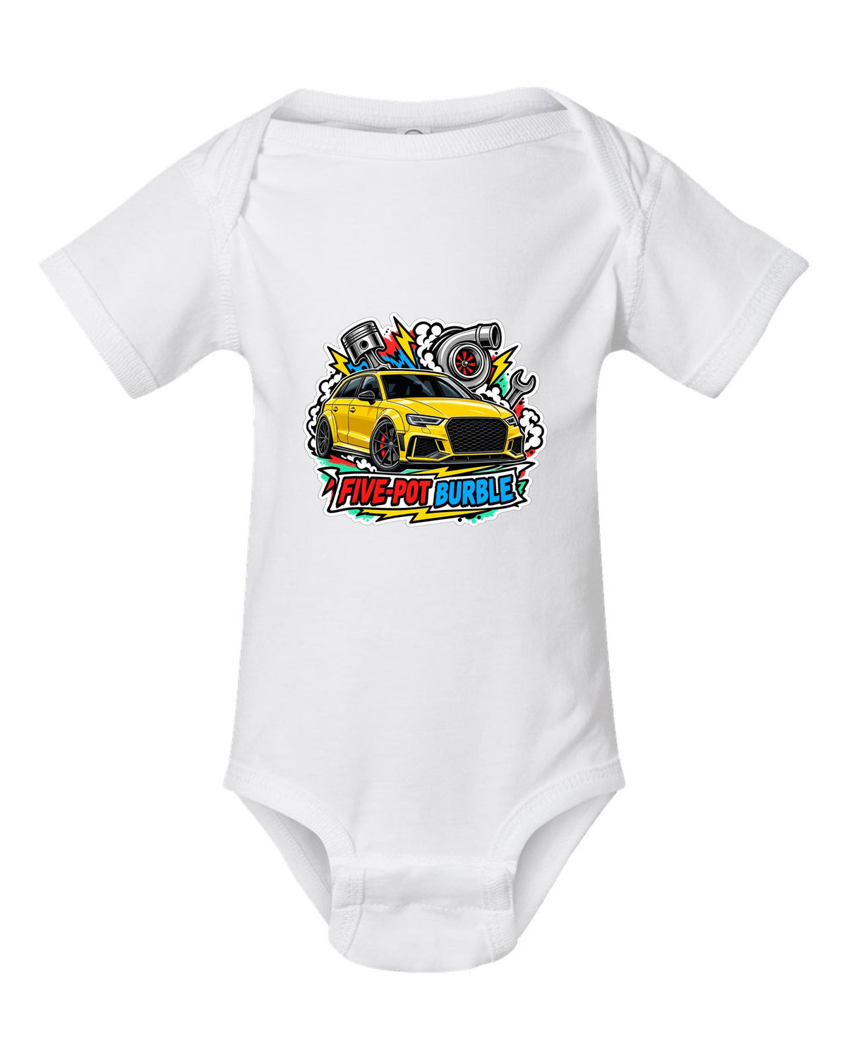 Sticker bomb collage print of an Audi RS3 8V with five-pot burble text white baby onesie front view with the design