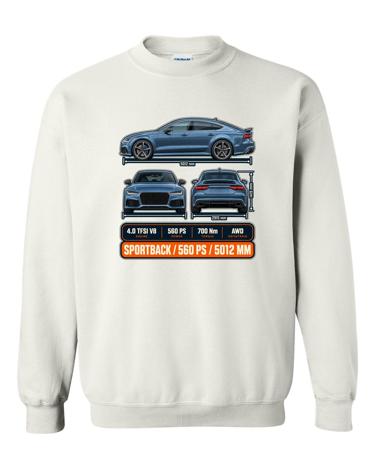 Audi RS7 Sportback C7 three-view drawing in graphite-blue print with 560 PS white crewneck front view with the design