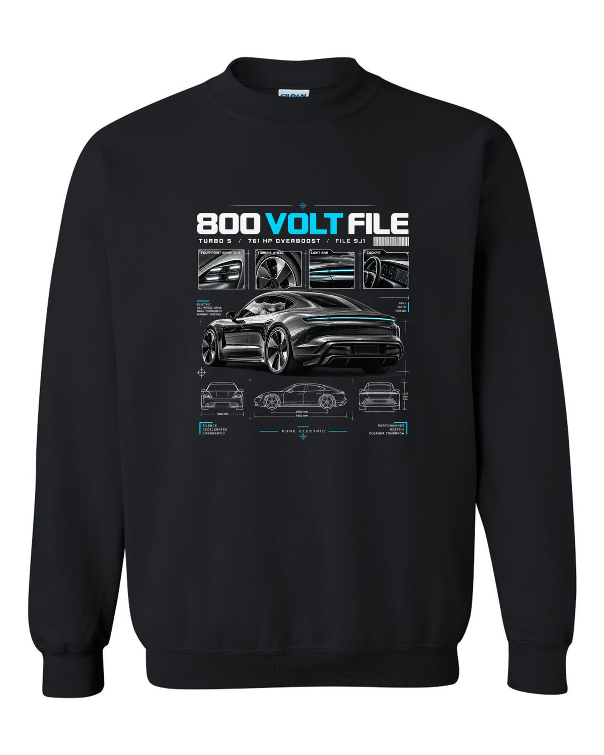 Dossier panel print of a 2020 Porsche Taycan Turbo S 9J1 with turbine wheel and light bar black crewneck front view with the design