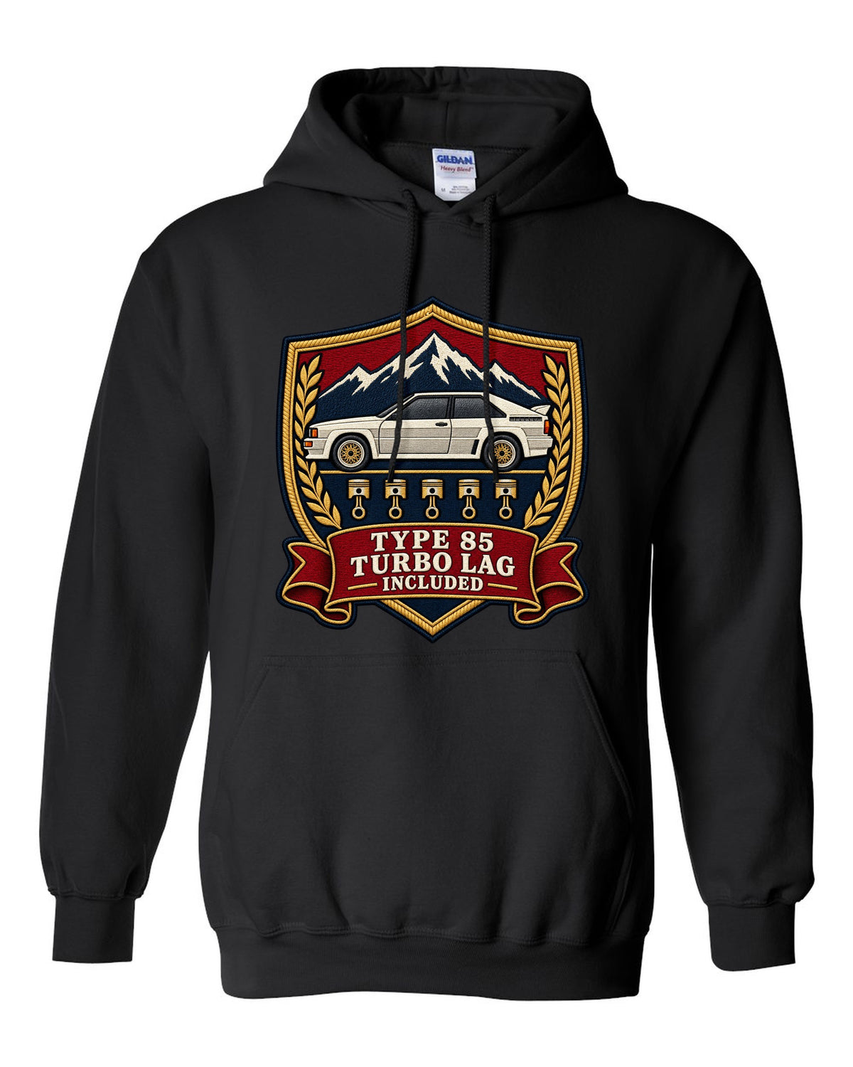 Varsity shield crest print of an Audi Ur-Quattro Type 85 with Turbo Lag Included text black pull over hoodie front view with the design