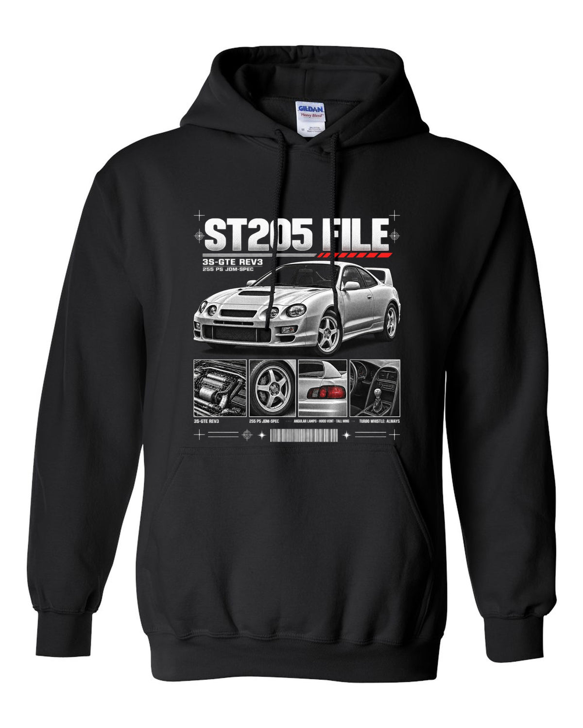 Dossier panel print of a Toyota Celica GT-Four ST205 with 3S-GTE Rev3 and 255 PS text black pull over hoodie front view with the design