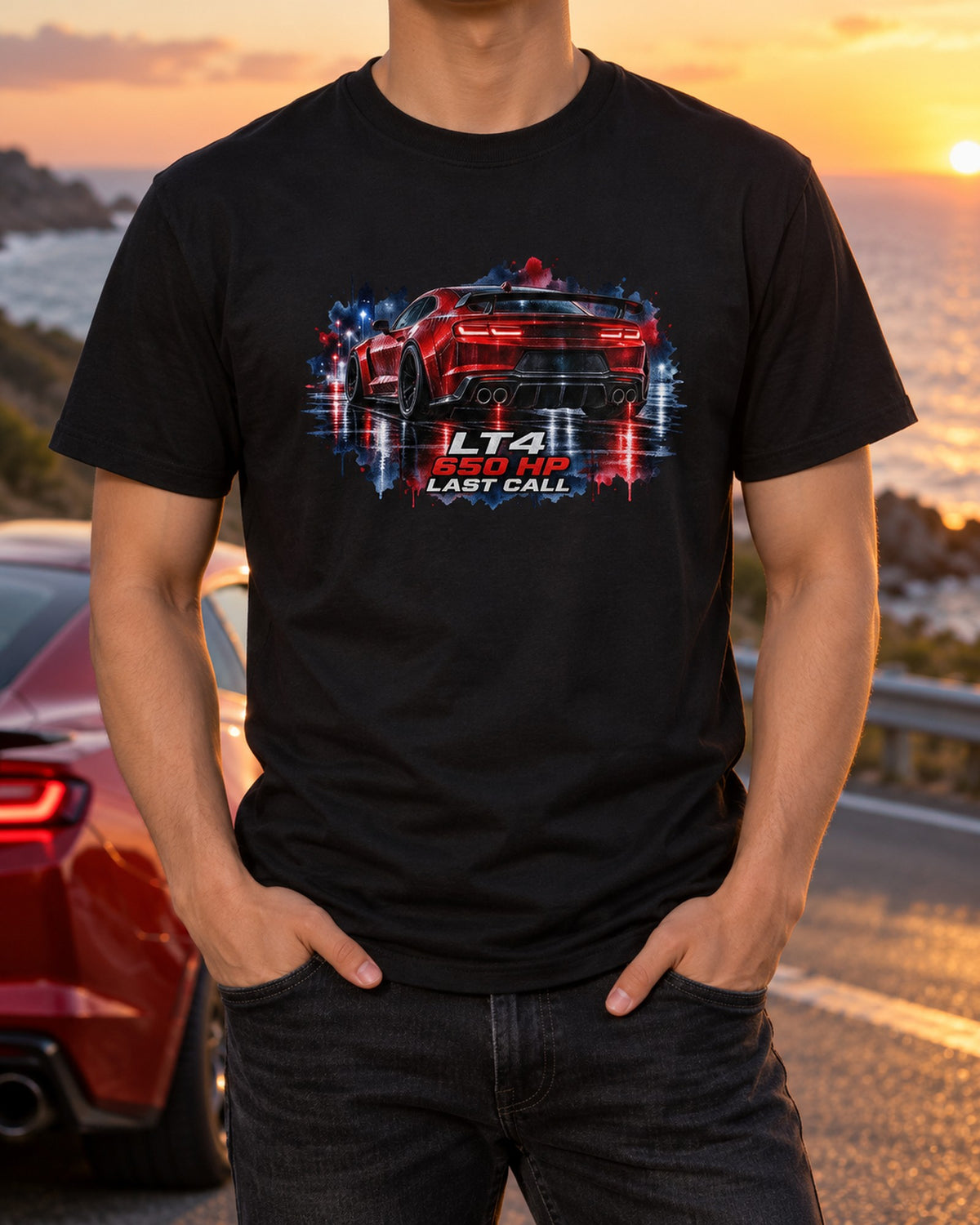 2023 Camaro ZL1 Last Call Wet Road Watercolour Shirt, LT4 T-Shirt Black worn hero