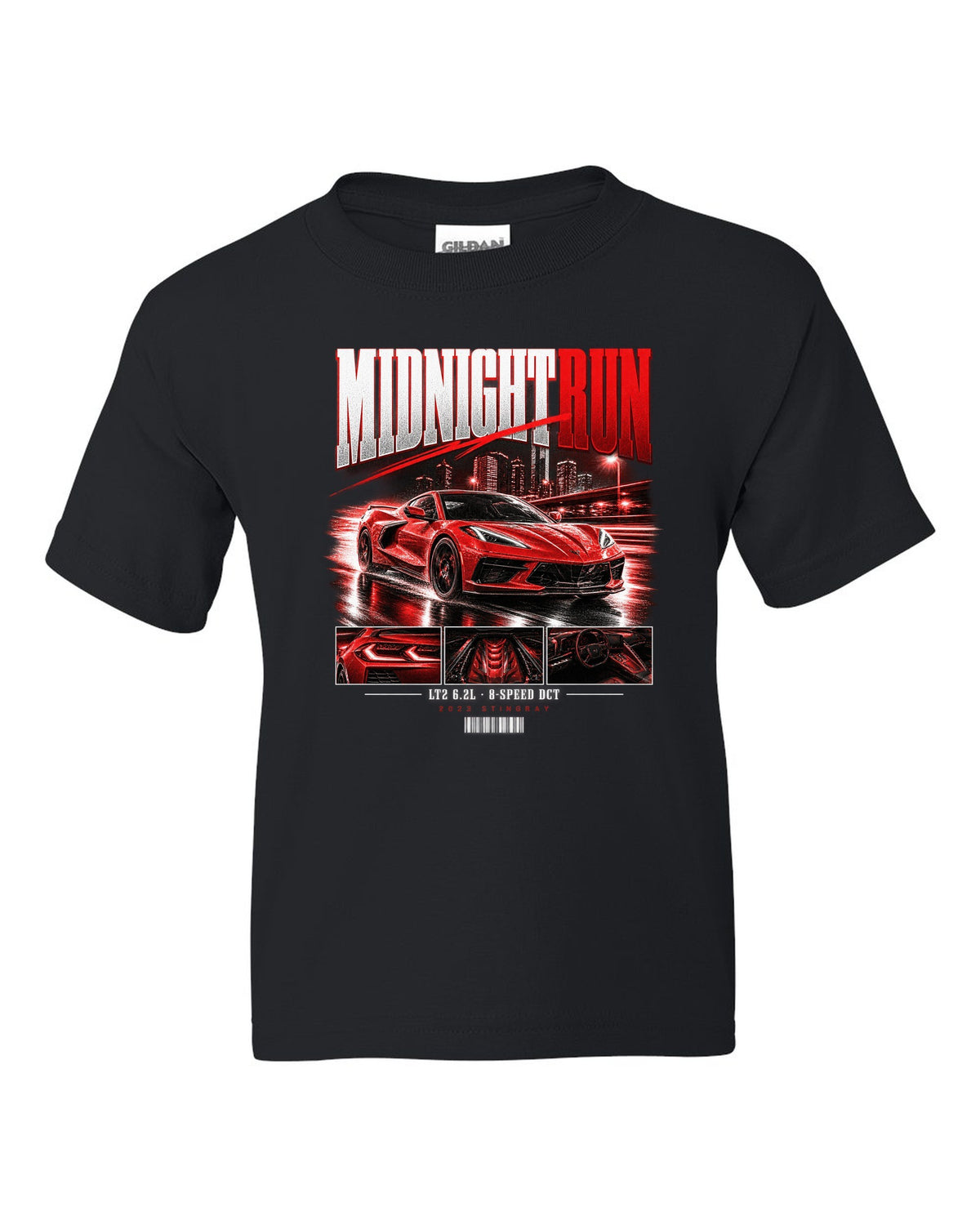 Corvette C8 Stingray 2023 widebody street poster Midnight Run black kids tee front view with the design