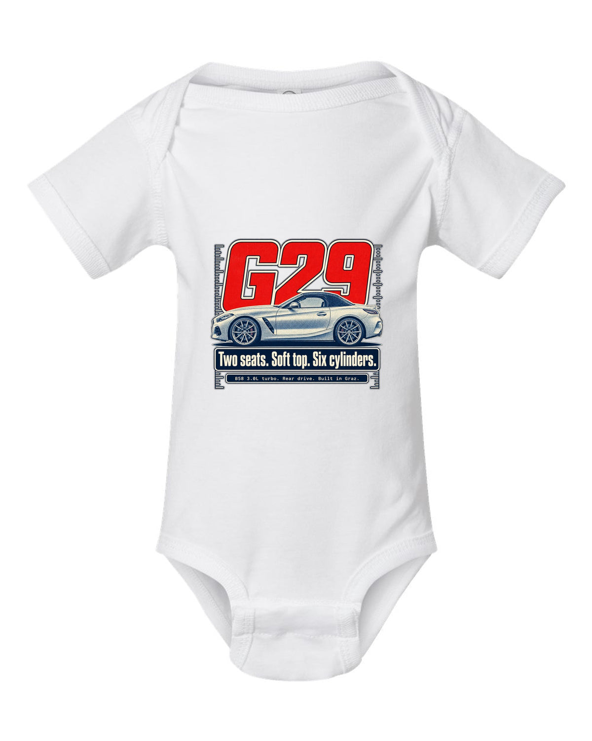 Halftone print of the BMW Z4 G29 roadster with two seats and six cylinders text white baby onesie front view with the design