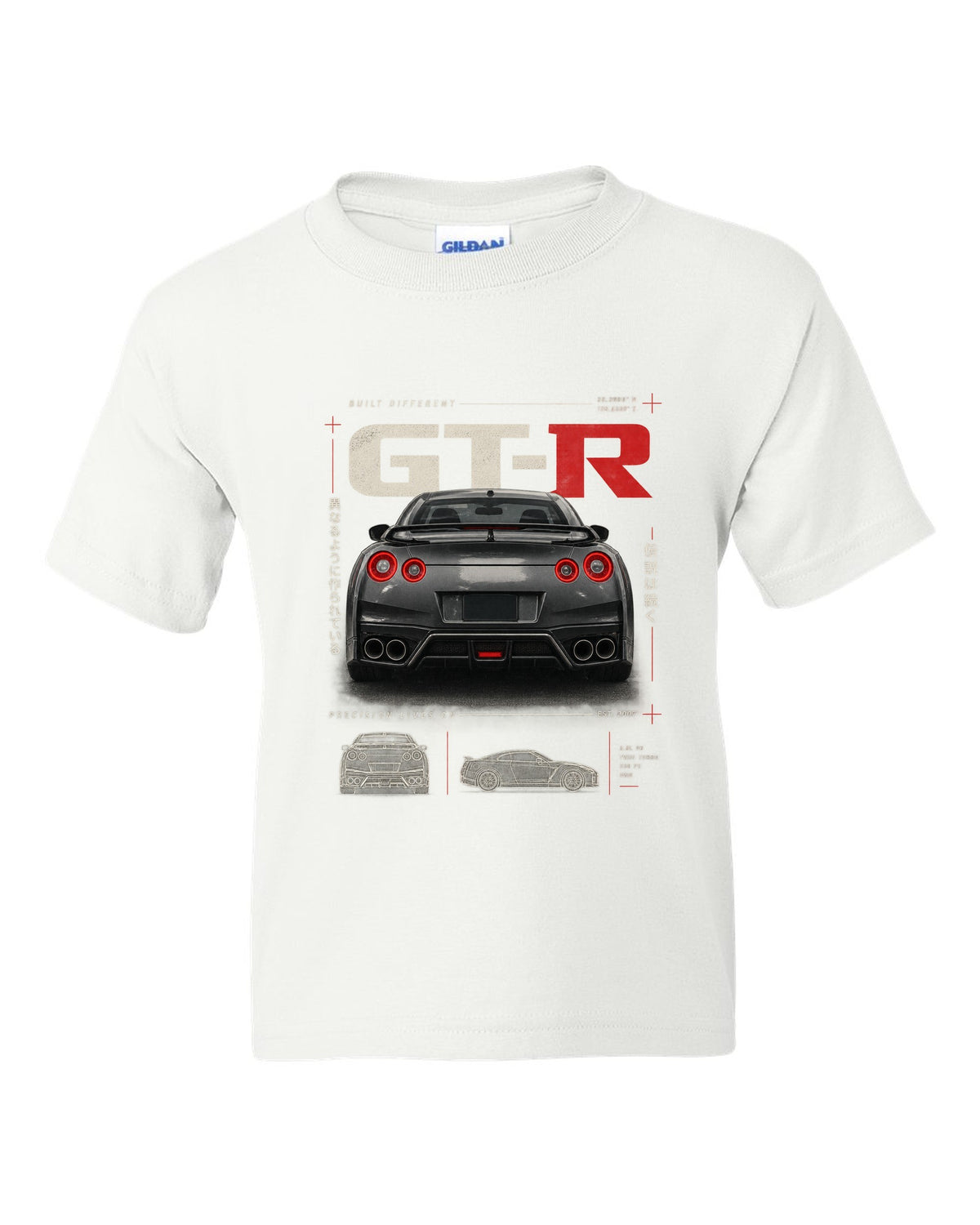 Toyota GR Supra A90 dimension blueprint in warm graphite grey with B58 spec callouts white kids tee front view with the design