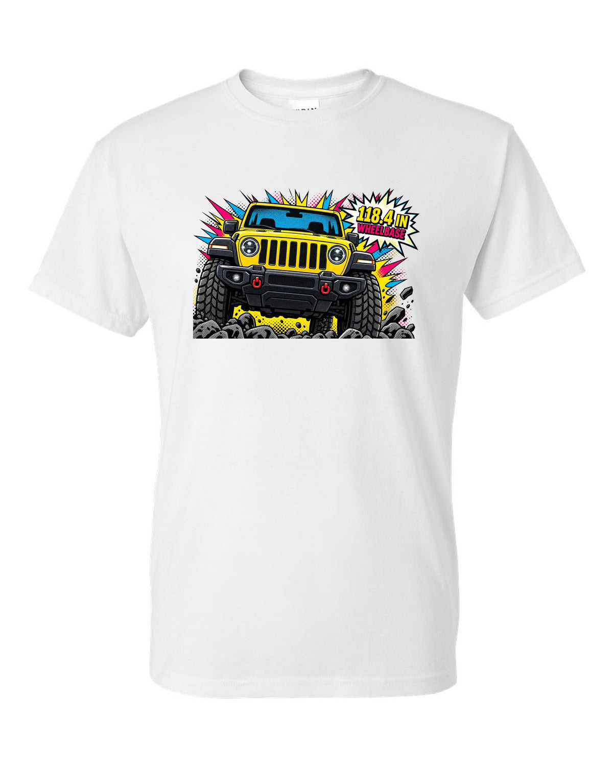 Jeep Wrangler JLU grille and headlight comic halftone pop art with 118.4 in wheelbase text white t-shirt front view with the design