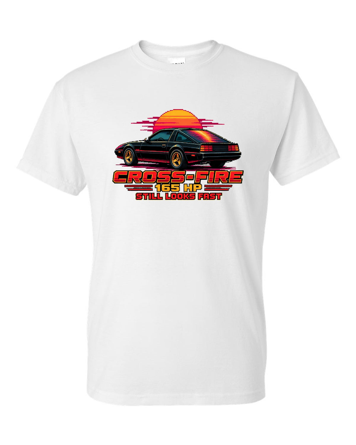 1982 Chevrolet Camaro Z28 pixel art print with Cross-Fire 165 HP text white t-shirt front view with the design