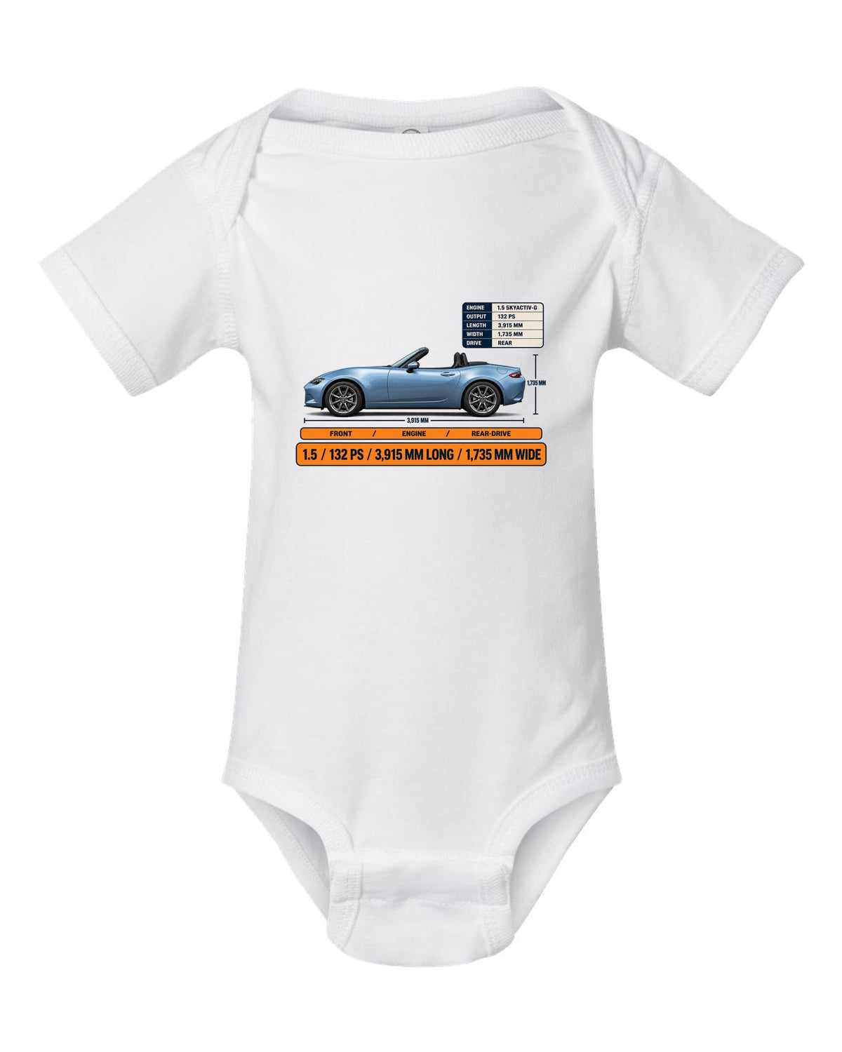 Mazda MX-5 ND 1.5 SKYACTIV-G spec poster print showing power and dimensions white baby onesie front view with the design