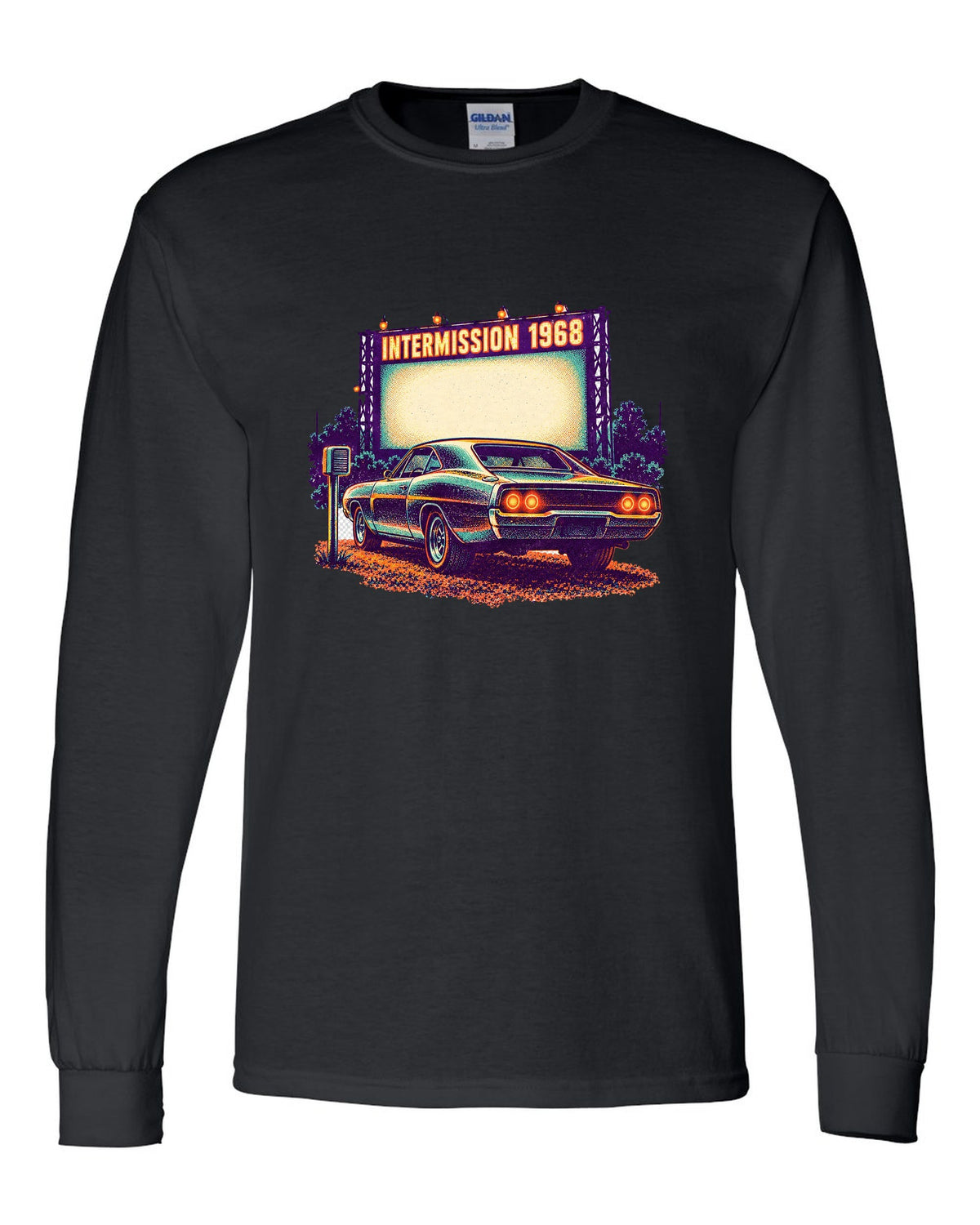 Risograph spot colour drive-in scene with a 1968 Dodge Charger R/T and INTERMISSION text black long sleeve front view with the design