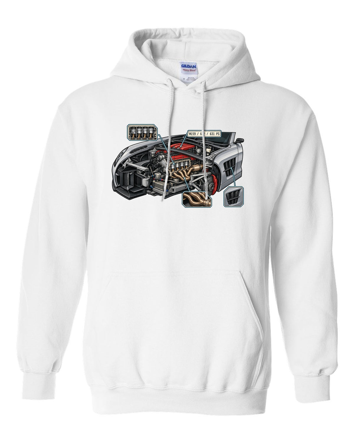Technical blueprint line art of a Mercedes G-Class W463 with 2,850 mm note, print white pull over hoodie front view with the design