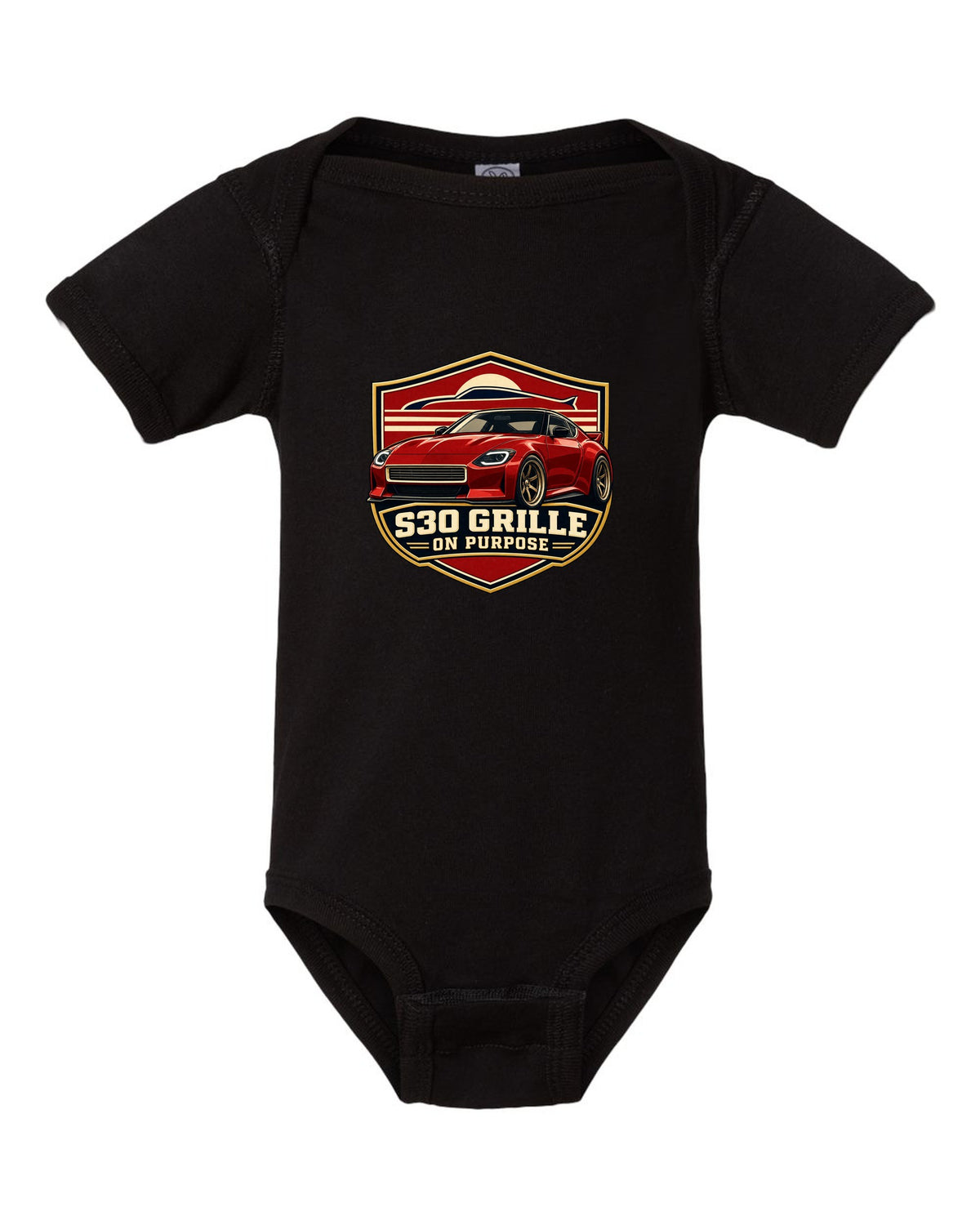 Shield crest print for the Nissan Z RZ34 referencing the S30 grille black baby onesie front view with the design