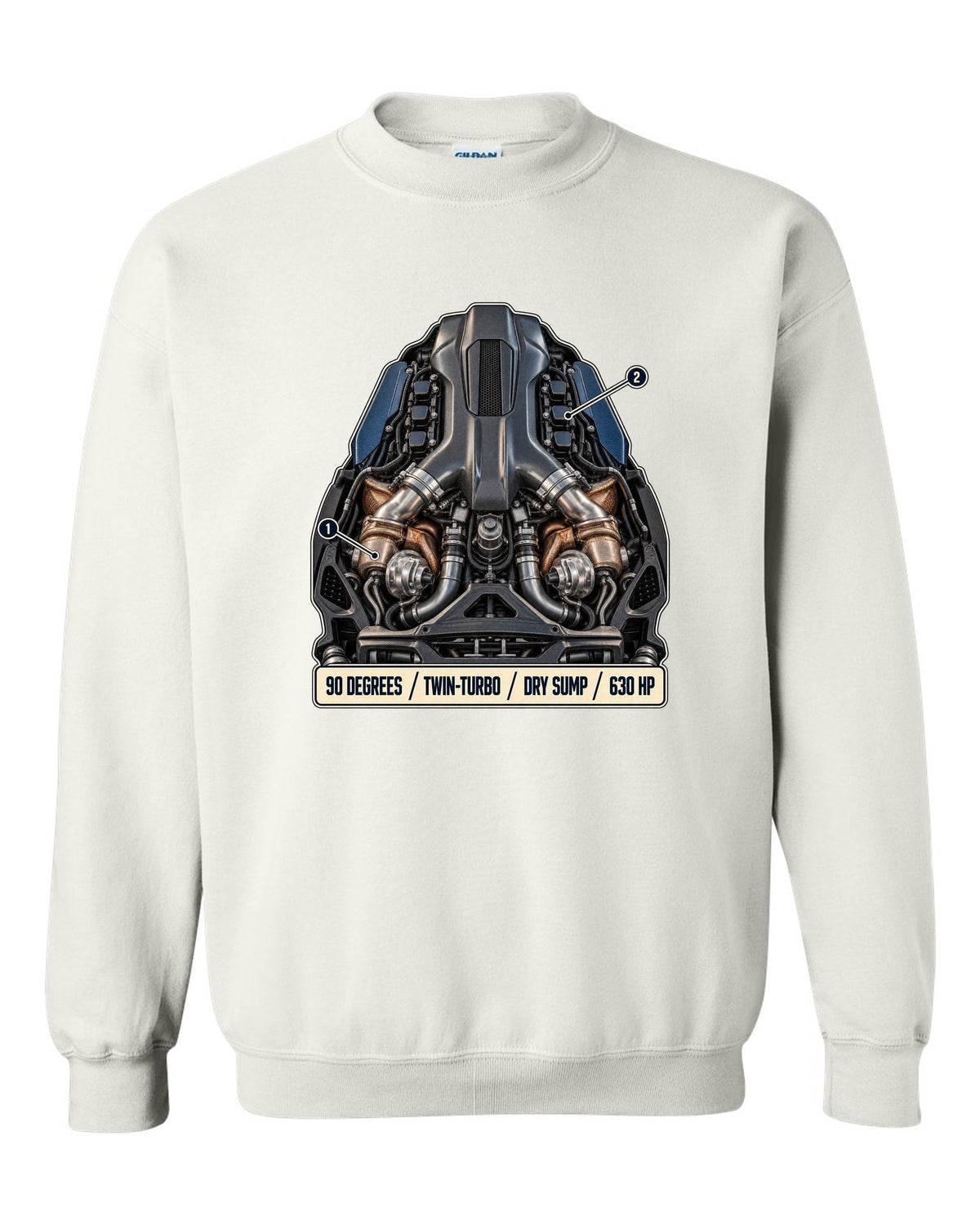 Maserati MC20 Nettuno V6 engine hero illustration, print white crewneck front view with the design