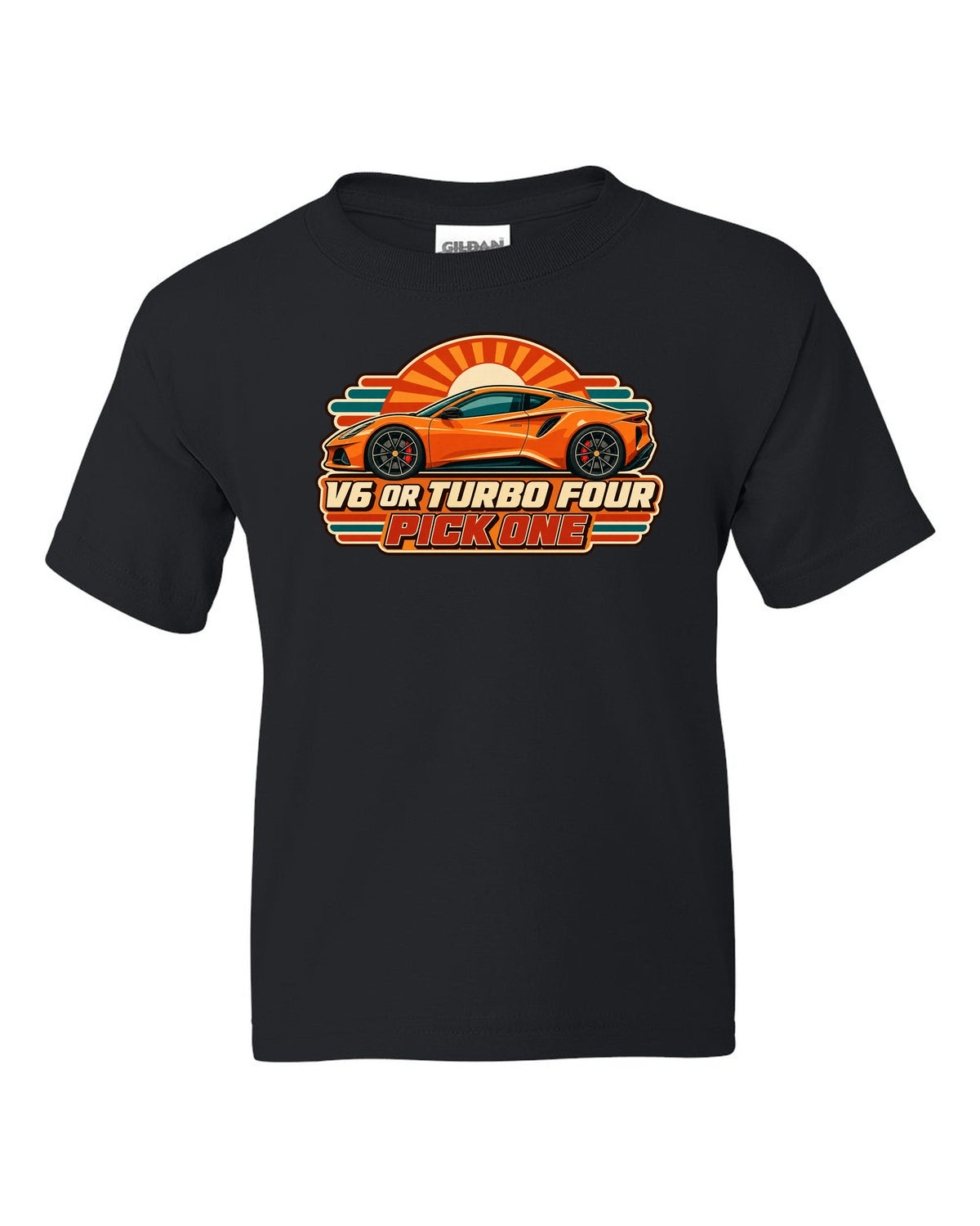 Lotus Emira in retro Japanese showa ad style with V6 OR TURBO FOUR PICK ONE lettering black kids tee front view with the design