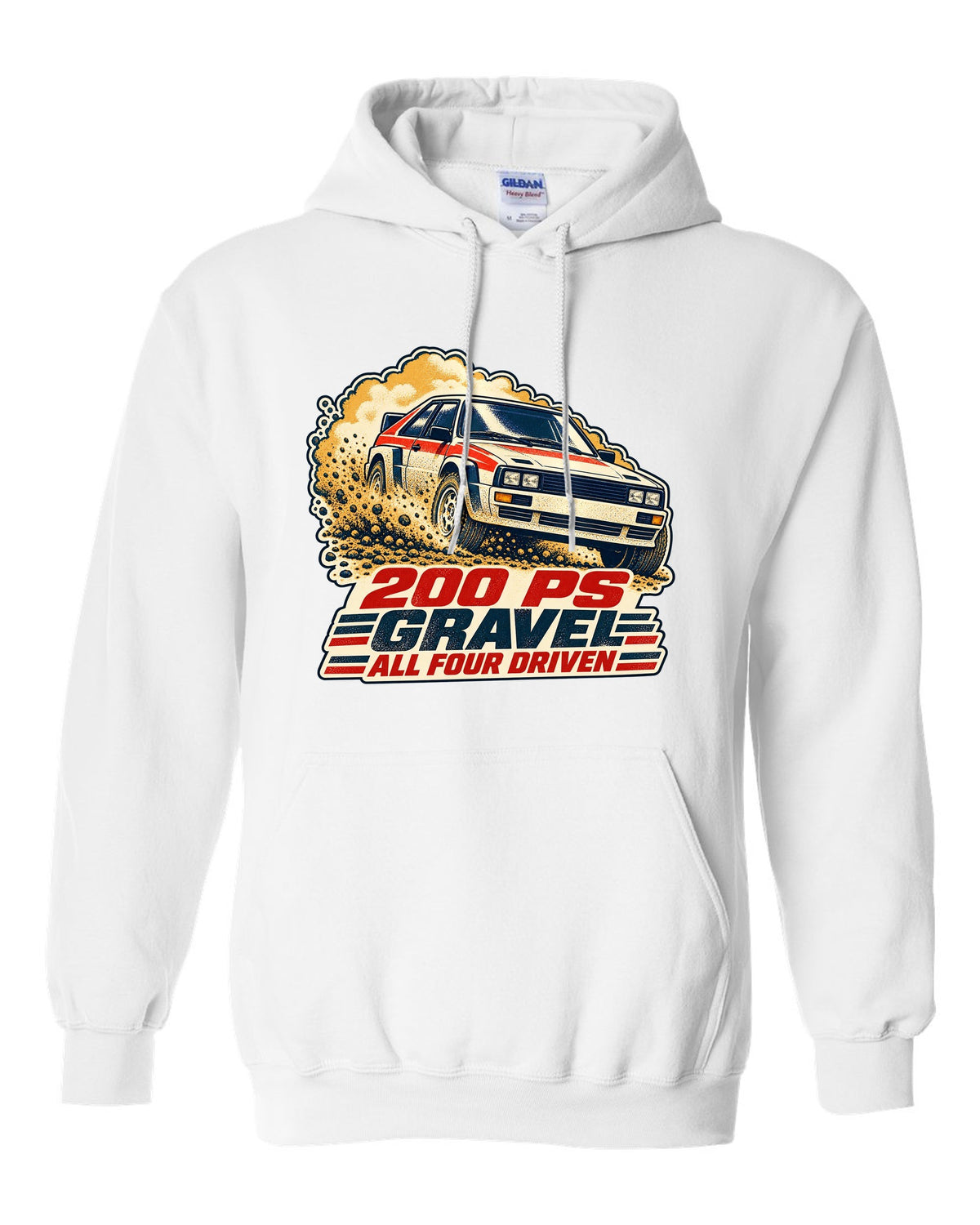 Vintage rally poster screenprint print of an Audi Ur-Quattro Type 85 on gravel white pull over hoodie front view with the design