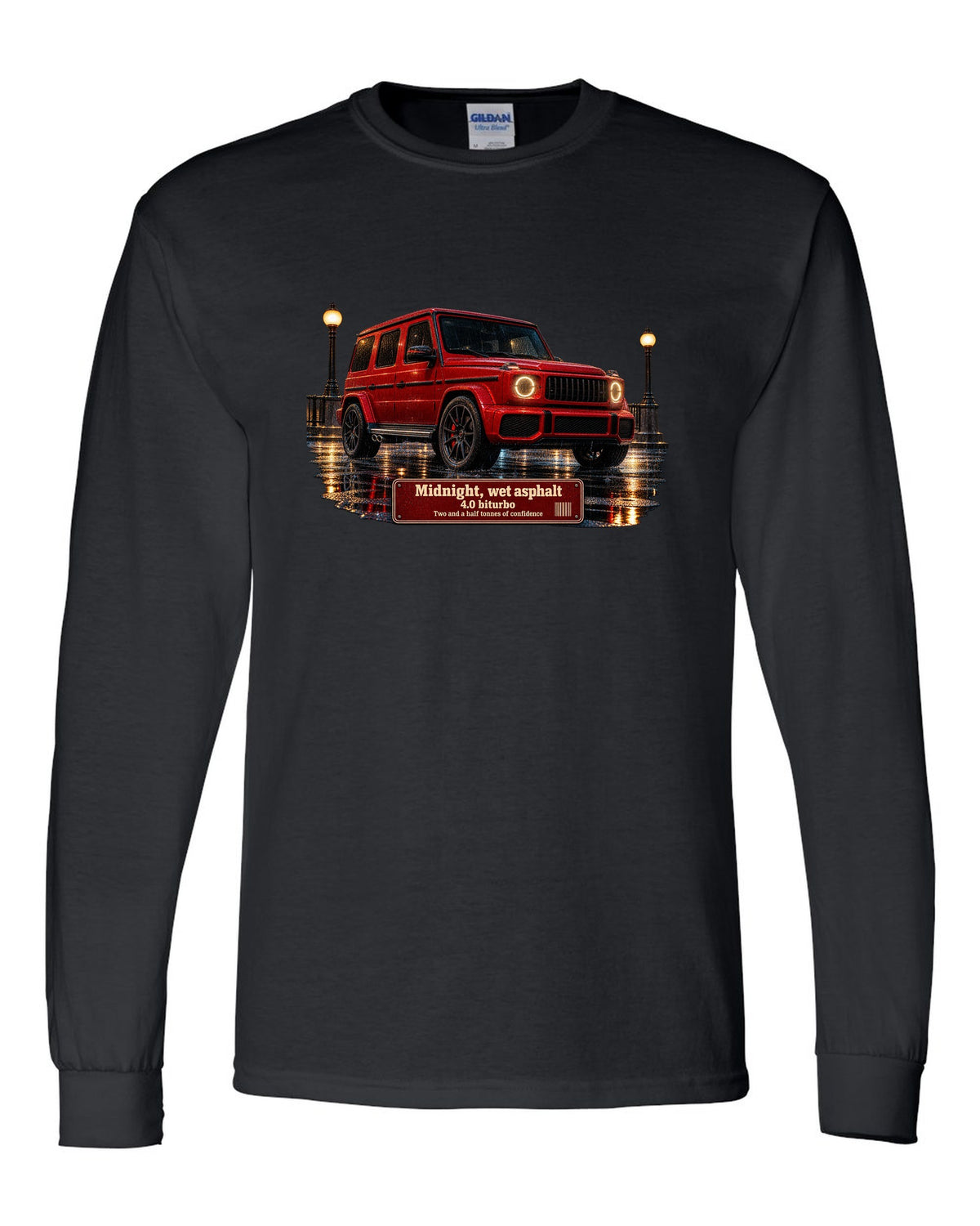 Night street print of a Mercedes-AMG G63 W463A on wet asphalt black long sleeve front view with the design