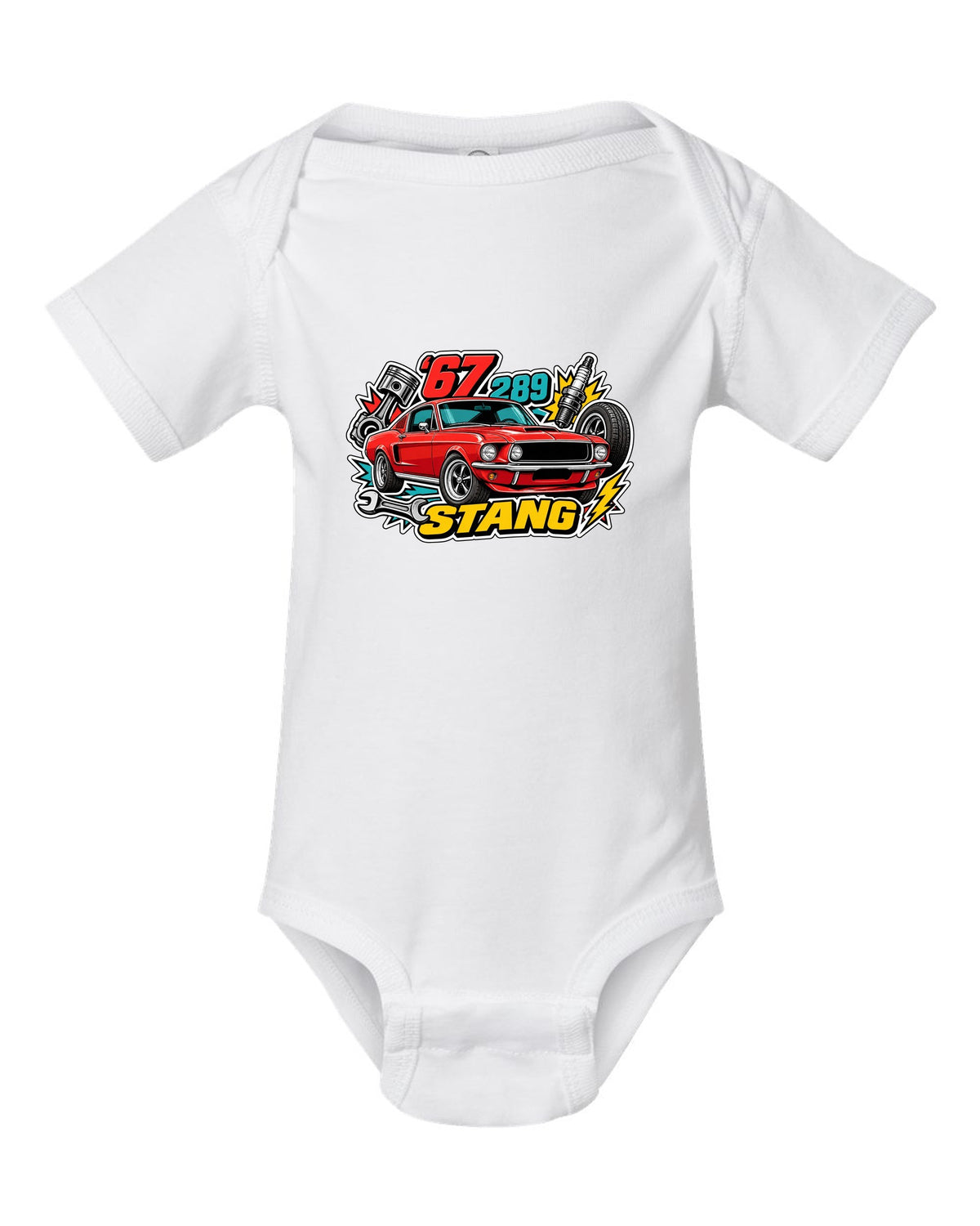 Sticker-bomb collage print of a 1967 Ford Mustang fastback white baby onesie front view with the design
