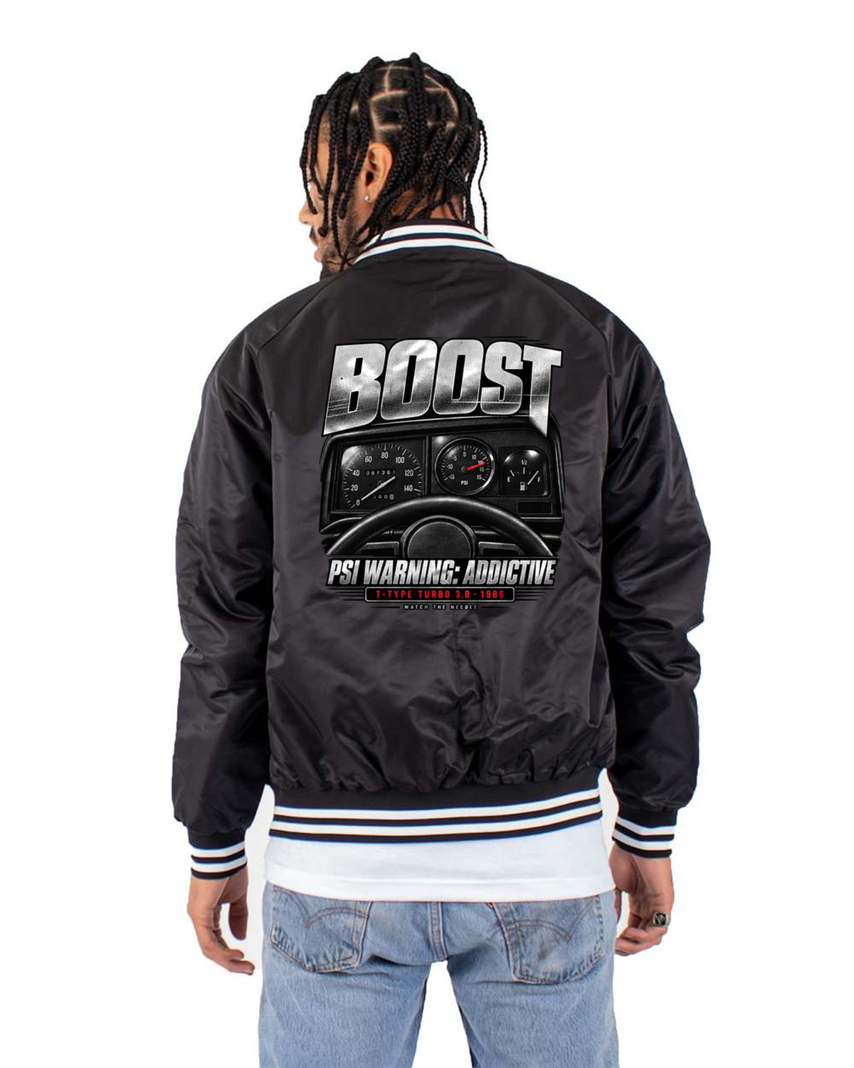 1986 Buick Grand National T-Type Turbo Boost Gauge Cockpit Tee Bomber Jacket Black back