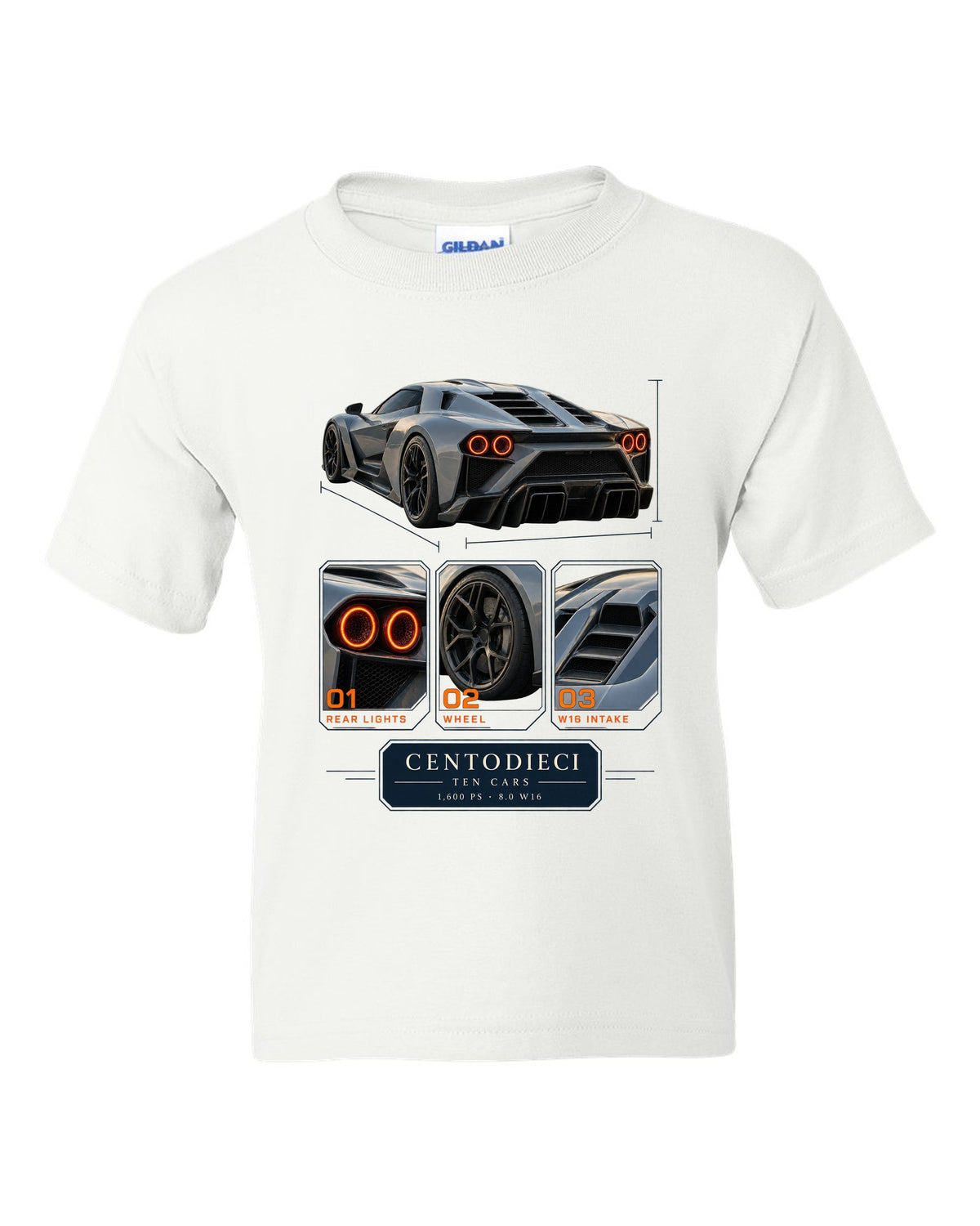Dossier panel layout of the Bugatti Centodieci with ten-car text, print white kids tee front view with the design