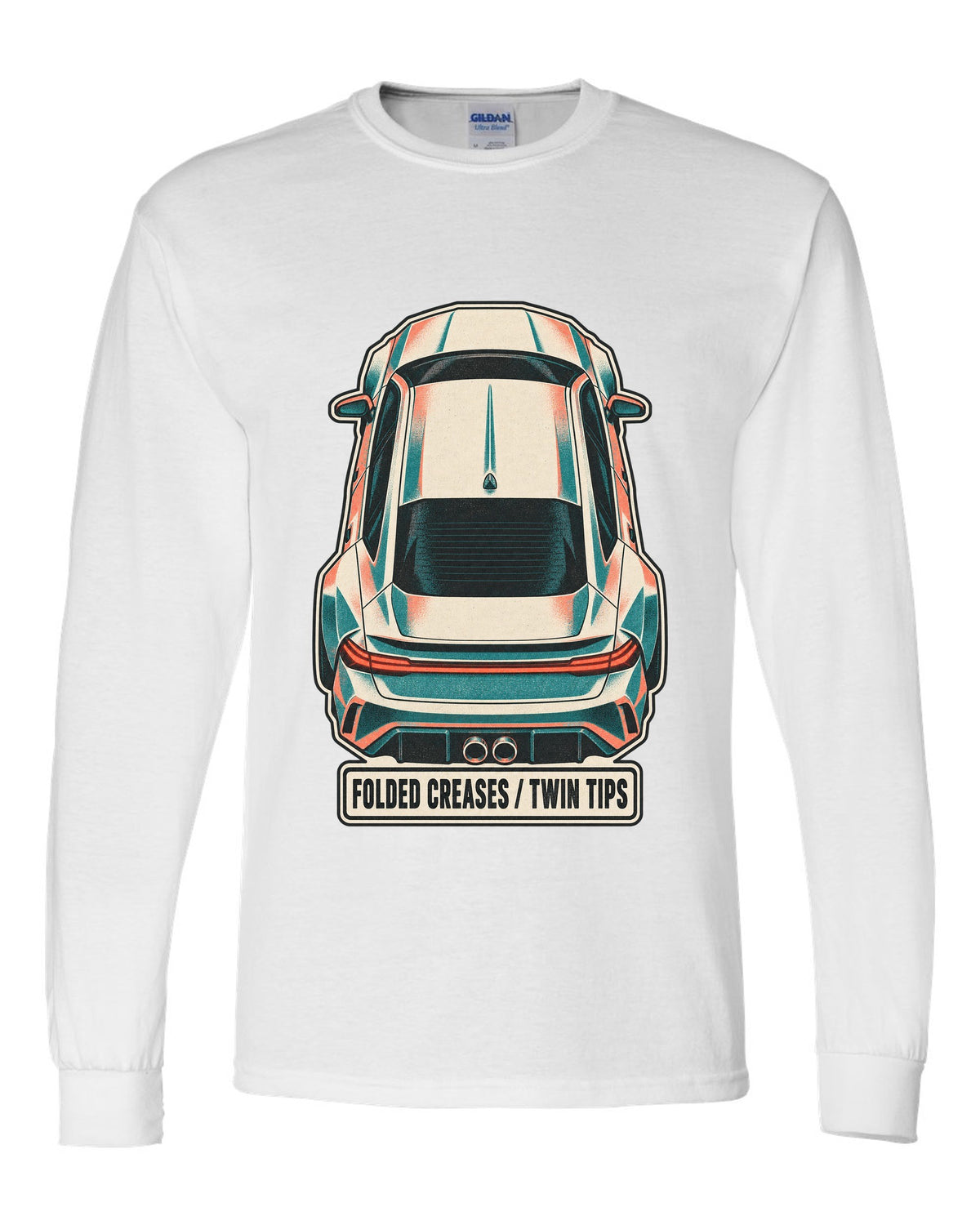 Risograph duotone top-down print of a Hyundai Elantra N CN7 with folded creases and twin tips text white long sleeve front view with the design