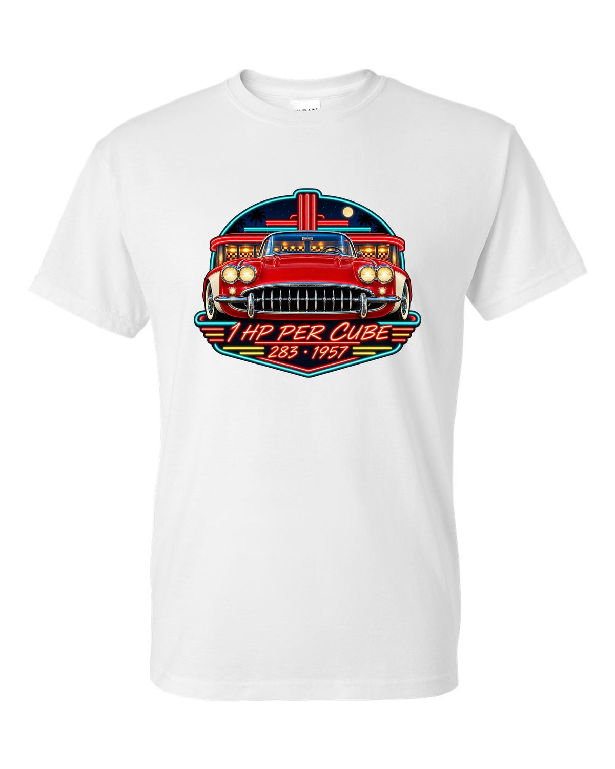 Vintage neon diner sign print of a 1957 Chevrolet Corvette C1 with 1 HP Per Cube 283 lettering white t-shirt front view with the design
