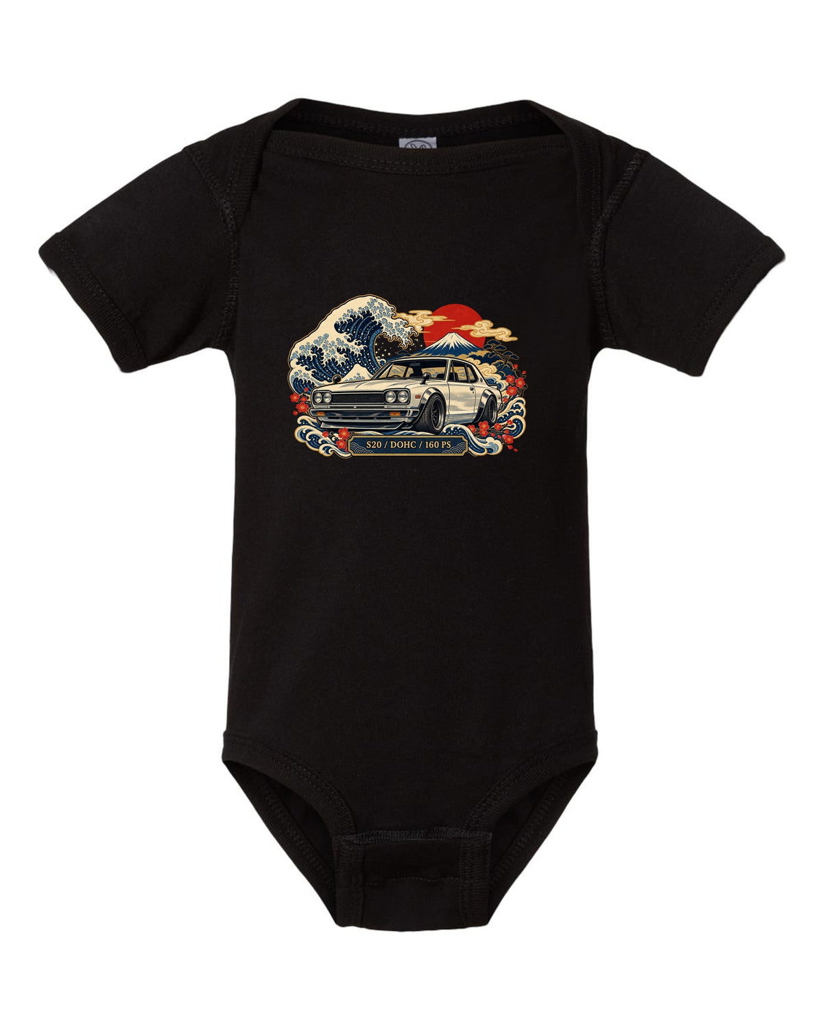 Ukiyo-e woodblock wave print of the Skyline 2000GT-R Hakosuka KPGC10 with S20 DOHC 160 PS lettering black baby onesie front view with the design