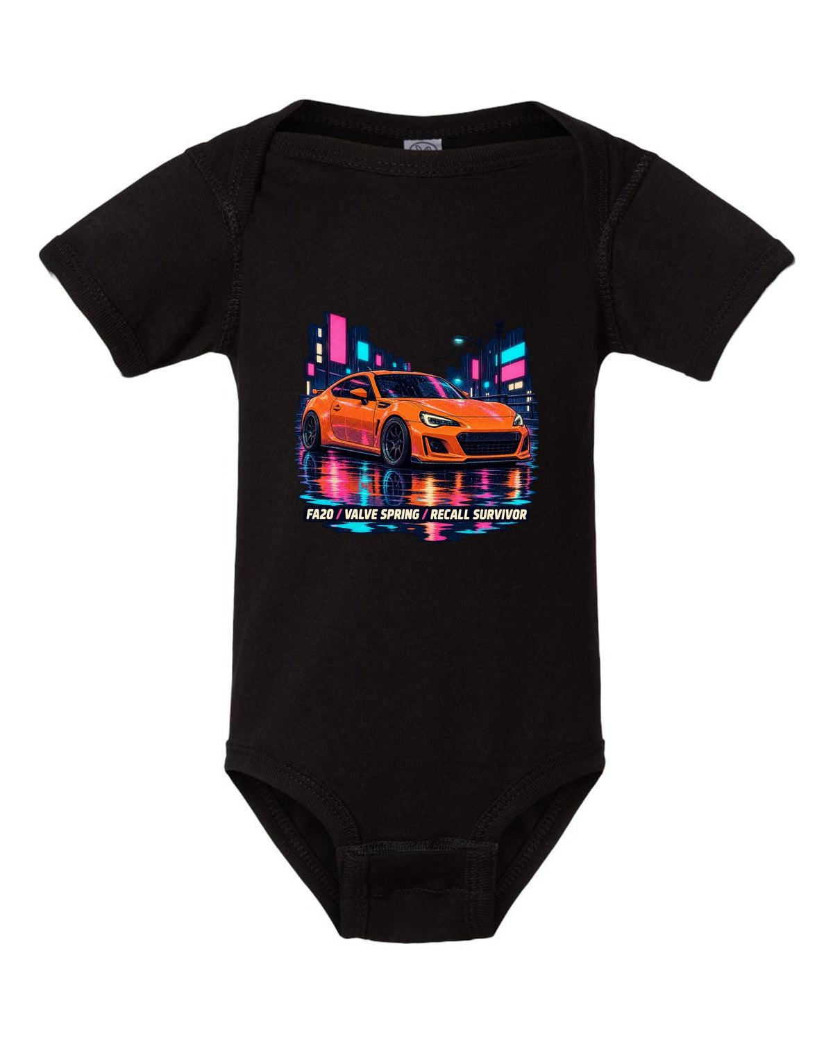 Subaru BRZ ZC6 in a rainy lo-fi anime night scene, FA20 / VALVE SPRING / RECALL SURVIVOR black baby onesie front view with the design