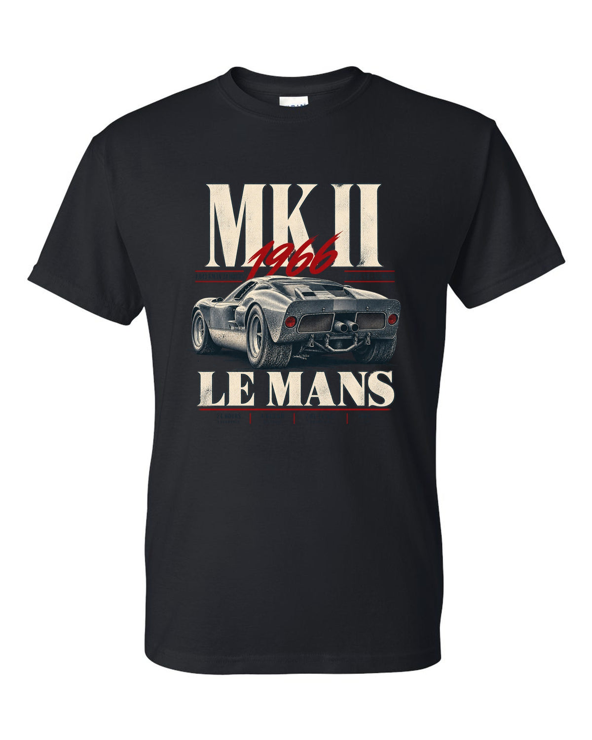 Editorial print of a 1966 Ford GT40 Mk II rear three-quarter view with Le Mans distance black t-shirt front view with the design