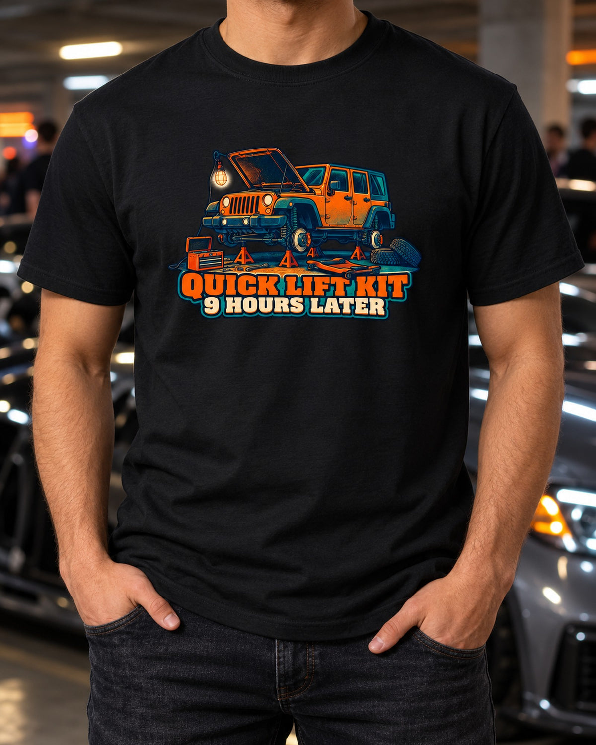 Jeep Wrangler JKU Quick Lift Kit Riso Print Tee, Jeep Gift T-Shirt Black worn hero