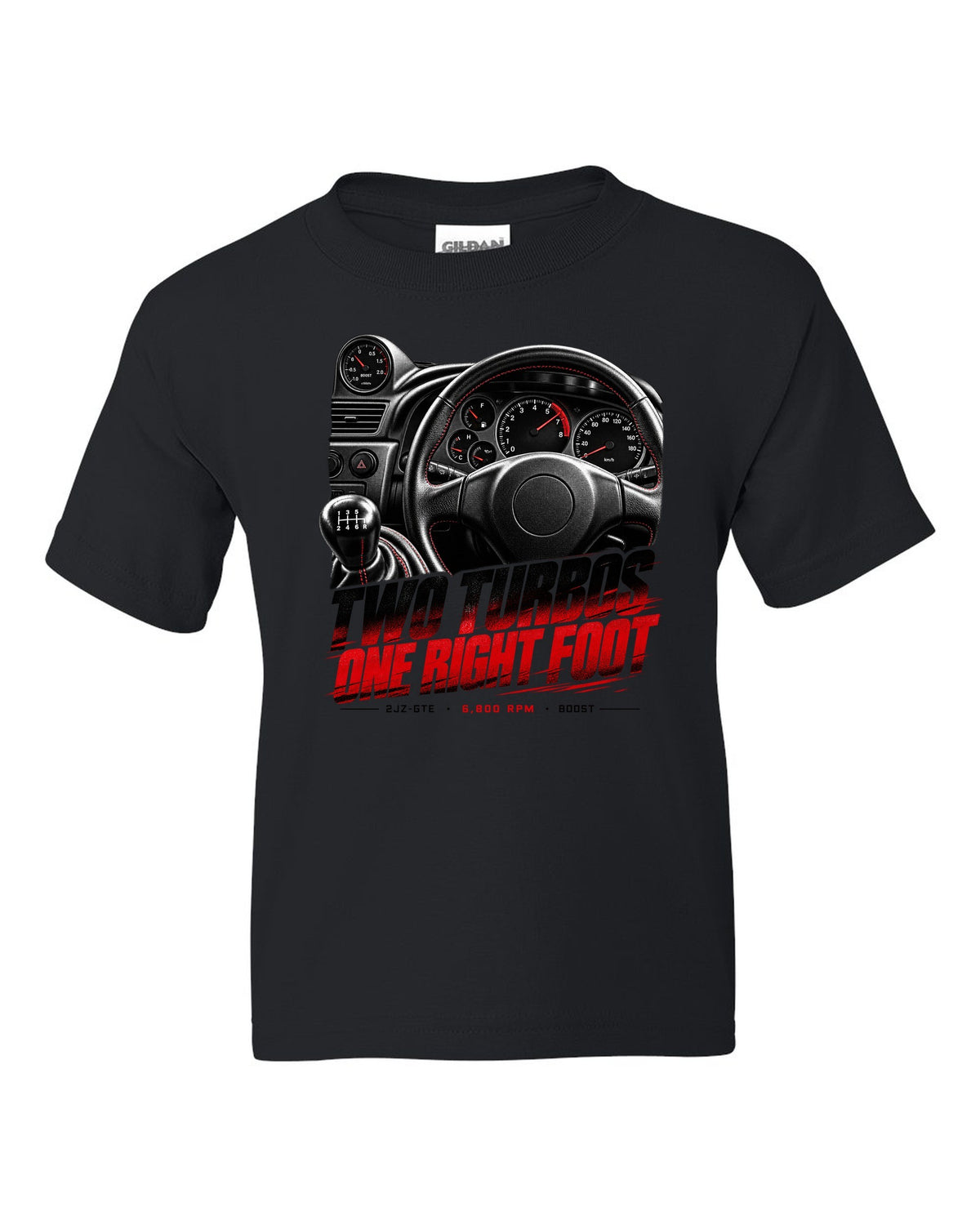 Cockpit and gauge print of a Toyota Supra A80 JZA80 with 6,800 redline black kids tee front view with the design