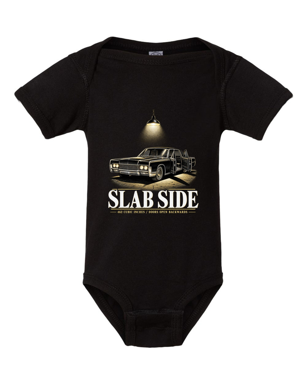 print of a 1966 Lincoln Continental fourth generation parked in a night garage black baby onesie front view with the design