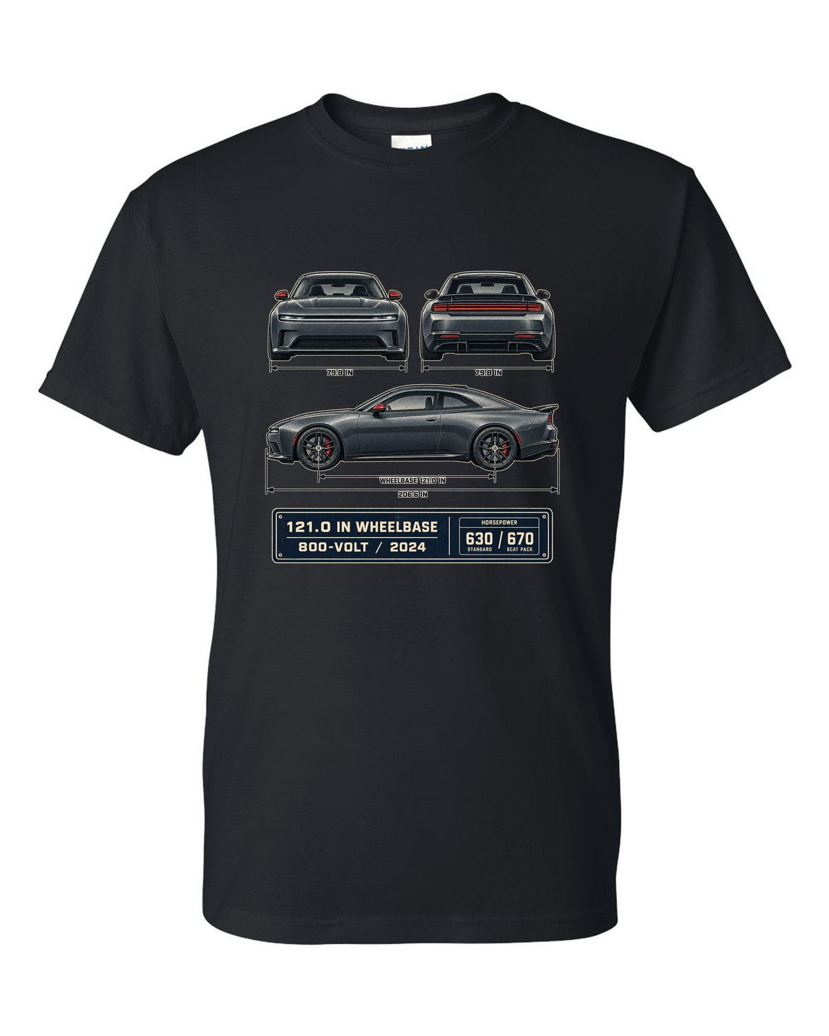 Dodge Charger Daytona Scat Pack 2024 dimension blueprint print black t-shirt front view with the design