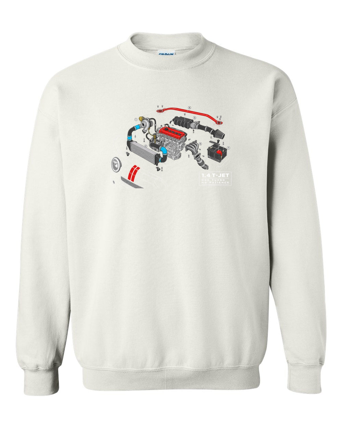 Exploded cutaway engine blueprint of the Abarth 695 1.4 T-Jet white crewneck front view with the design