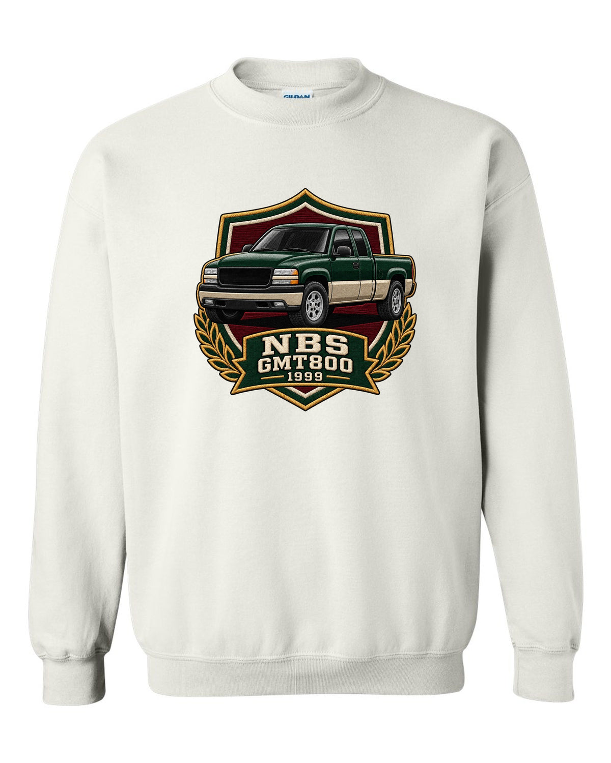 Varsity shield crest print for a 1999-2006 Chevrolet Silverado NBS GMT800 with NBS GMT800 1999 text white crewneck front view with the design