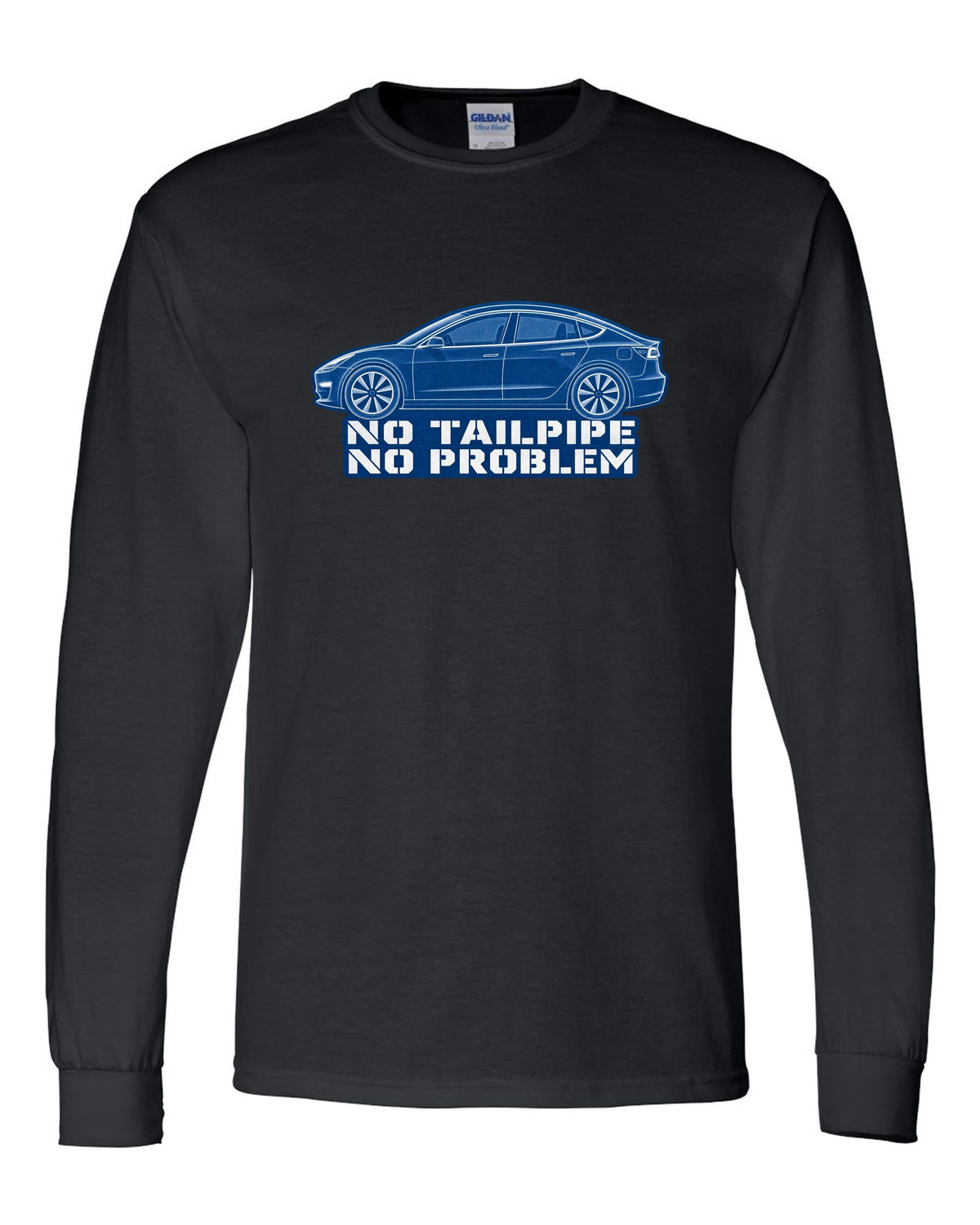 Cyanotype negative blueprint of a 2017-2023 Tesla Model 3 with the words No Tailpipe No Problem black long sleeve front view with the design
