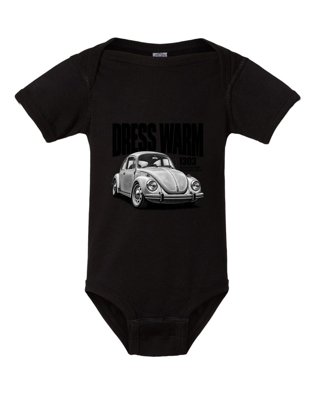 Halftone print of a VW Beetle Type 1 1303 front three-quarter with dress warm text black baby onesie front view with the design