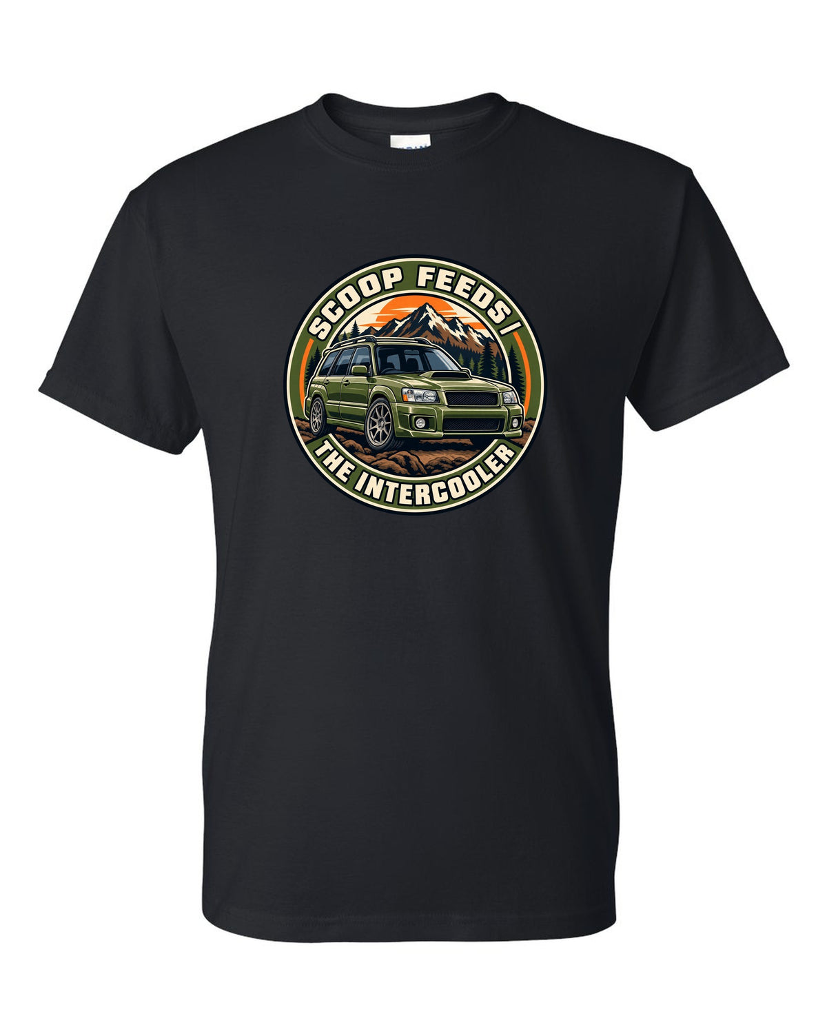 Round embroidered-style crest for a Subaru Forester SG9 about the hood scoop feeding the intercooler black t-shirt front view with the design