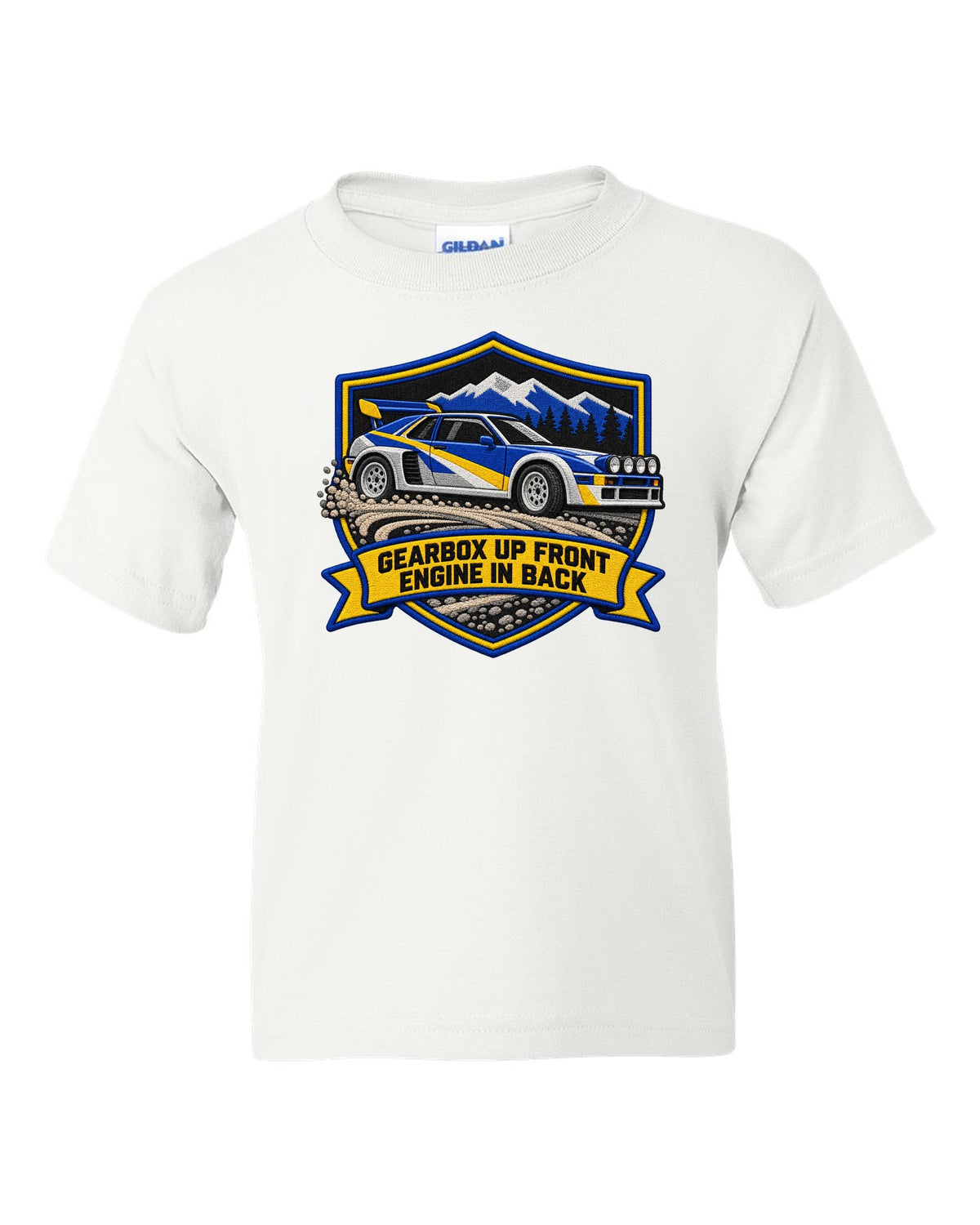 Varsity crest print of the Ford RS200 with gearbox up front, engine in back text white kids tee front view with the design