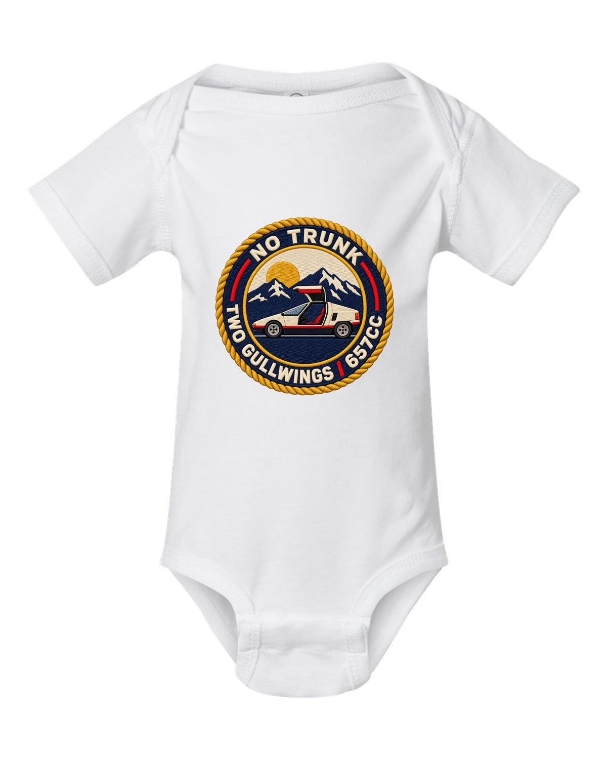 Embroidery-style varsity crest print for the Autozam AZ-1 PG6SA with no trunk two gullwings 657cc lettering white baby onesie front view with the design