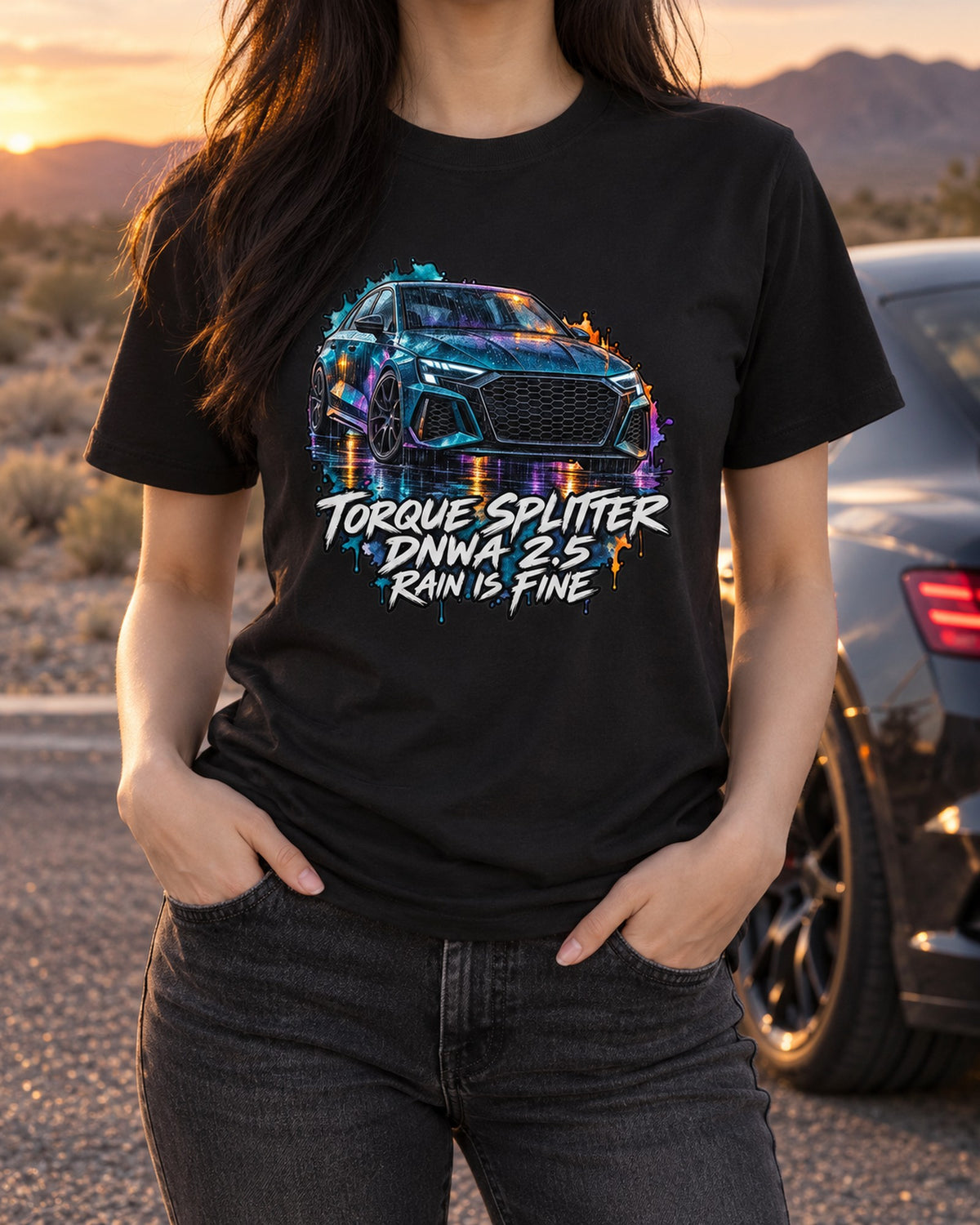 Audi RS3 8Y Watercolour Rain Shirt, Rain Is Fine T-Shirt Black worn hero