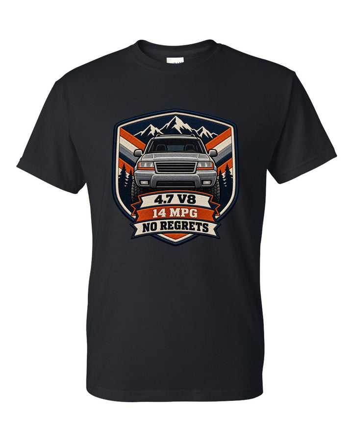 Embroidery-style shield crest print of a Jeep Grand Cherokee WJ with 4.7 V8 text black t-shirt front view with the design