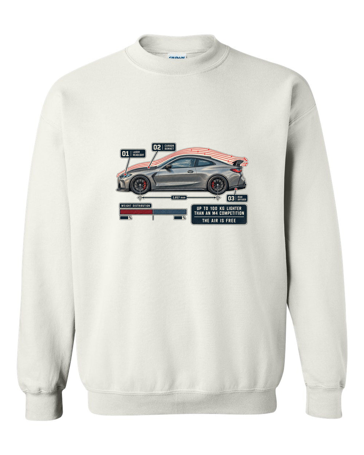 BMW M4 CSL G82 aero flow cutaway print white crewneck front view with the design