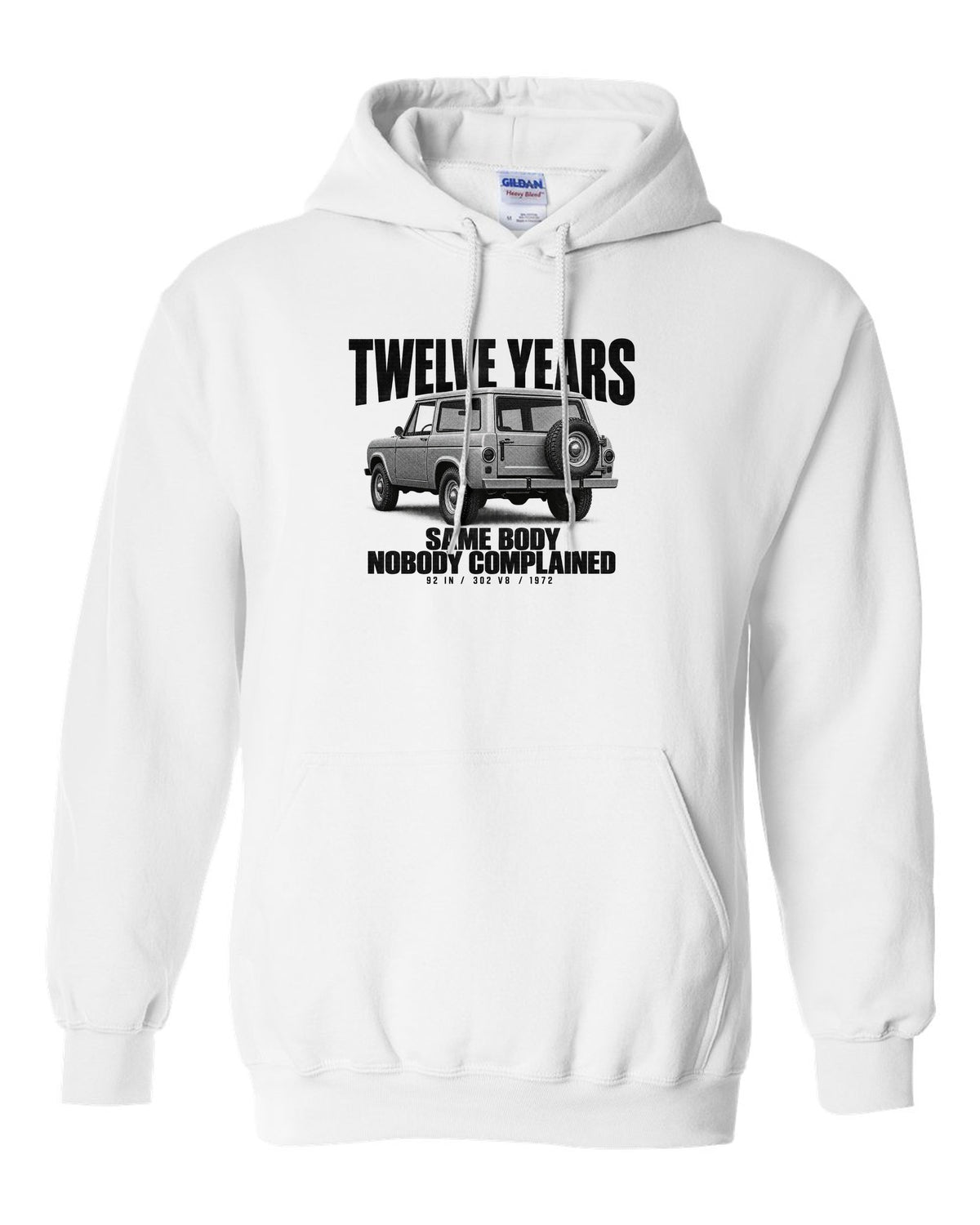 Ford Early Bronco U15 wagon halftone print with twelve years, same body text white pull over hoodie front view with the design