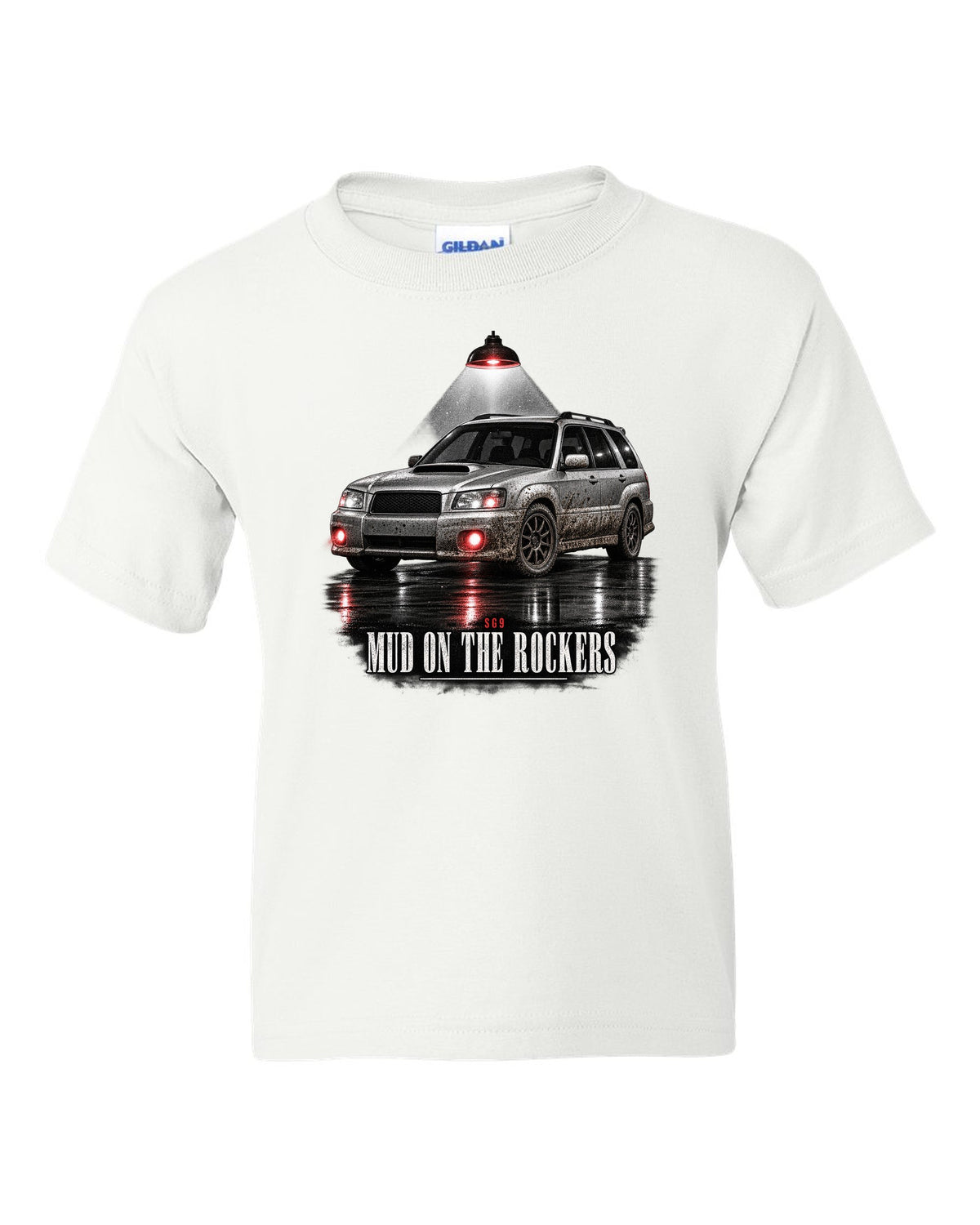 Garage night print for the Subaru Forester SG9 reading Mud on the Rockers white kids tee front view with the design