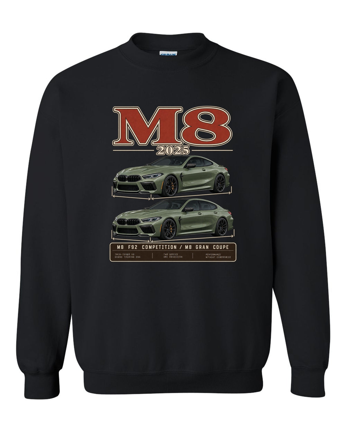 BMW M5 Touring 2025 archive panel print on a tee black crewneck front view with the design