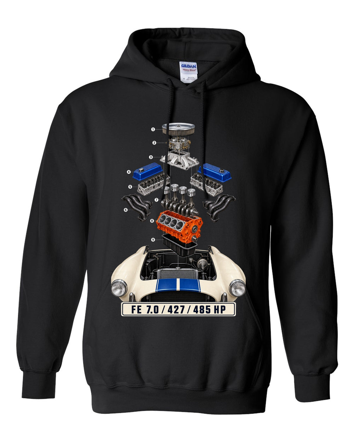 Isometric exploded view print of a Shelby Cobra 427 engine bay with FE 7.0 lettering black pull over hoodie front view with the design