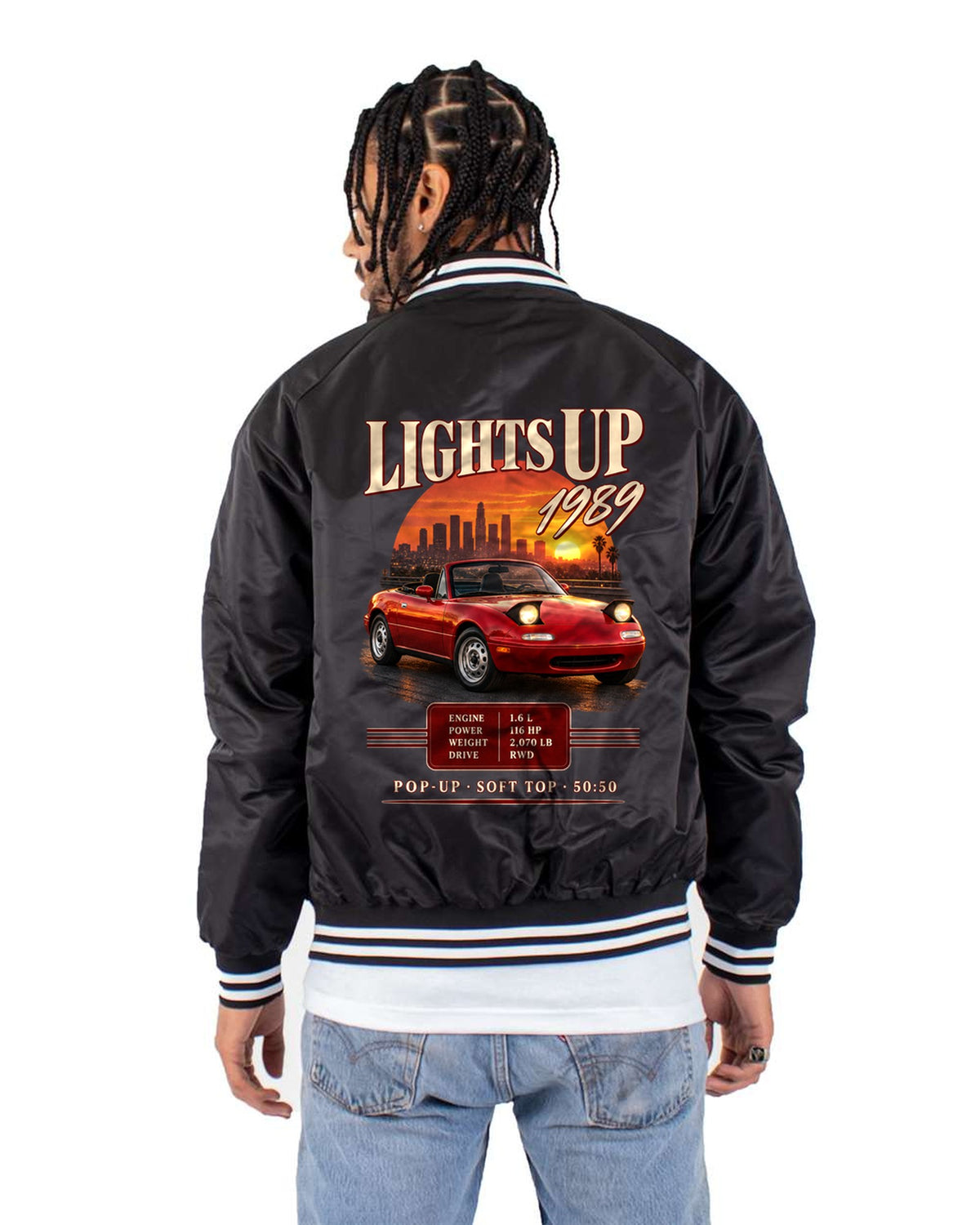Mazda MX-5 NA 1989 Archive Panel Shirt, Lights Up Spec Sheet Bomber Jacket Black back