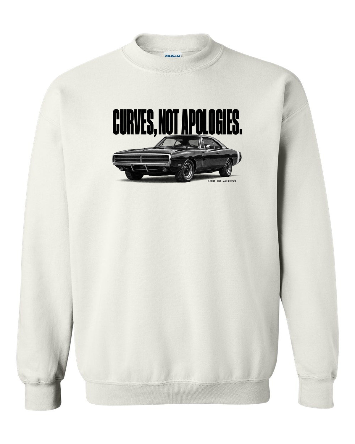 Halftone statement print of a 1970 Dodge Charger R/T with curves not apologies text white crewneck front view with the design