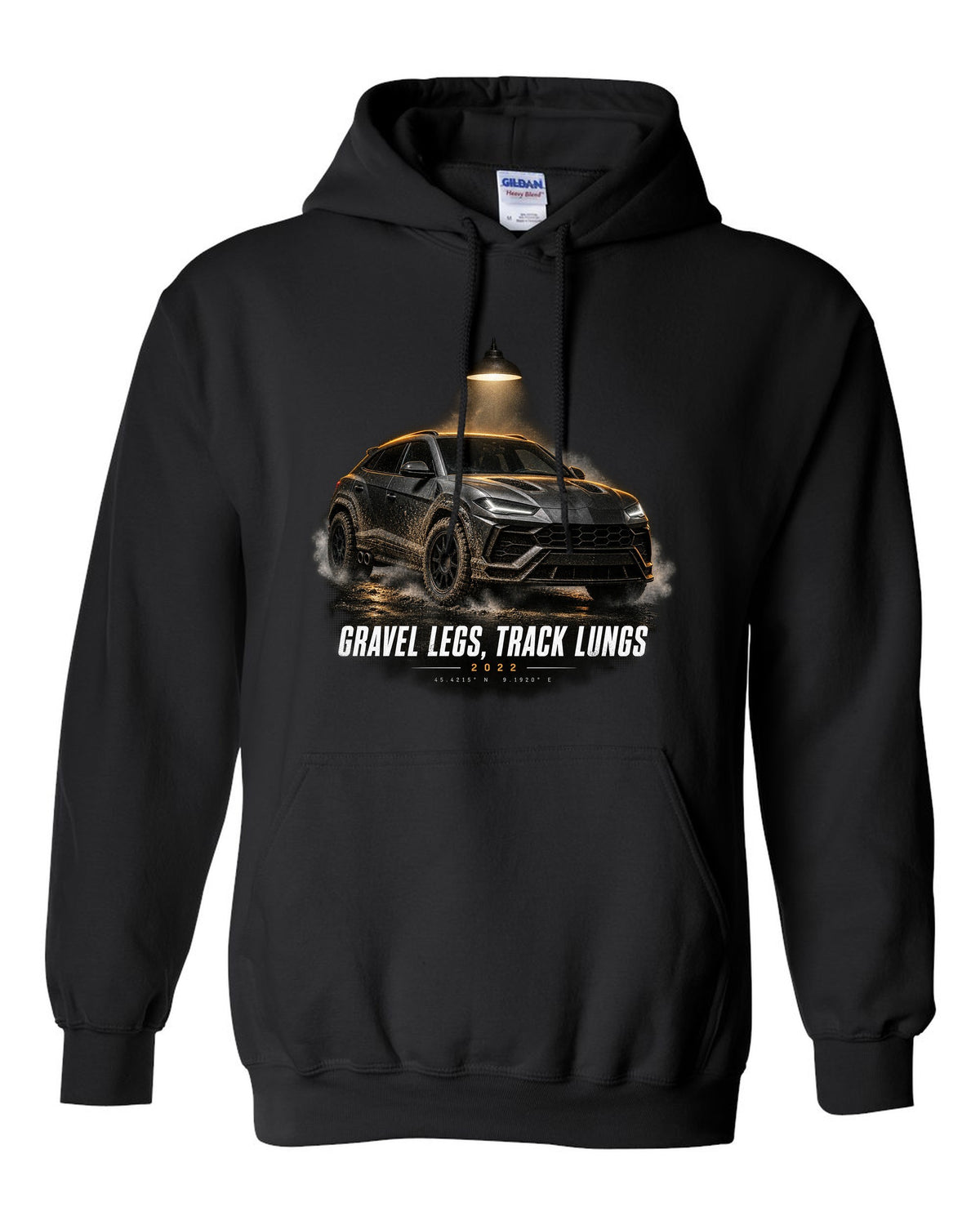 Lamborghini Urus Performante 2022 garage night print, gravel legs track lungs black pull over hoodie front view with the design
